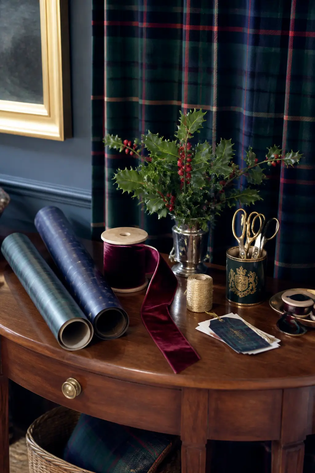 The Tartan Gift Wrapping Station — Set up a gift wrapping corner on a side table or a section of a desk: two rolls of wrapping paper (one in deep green stripe