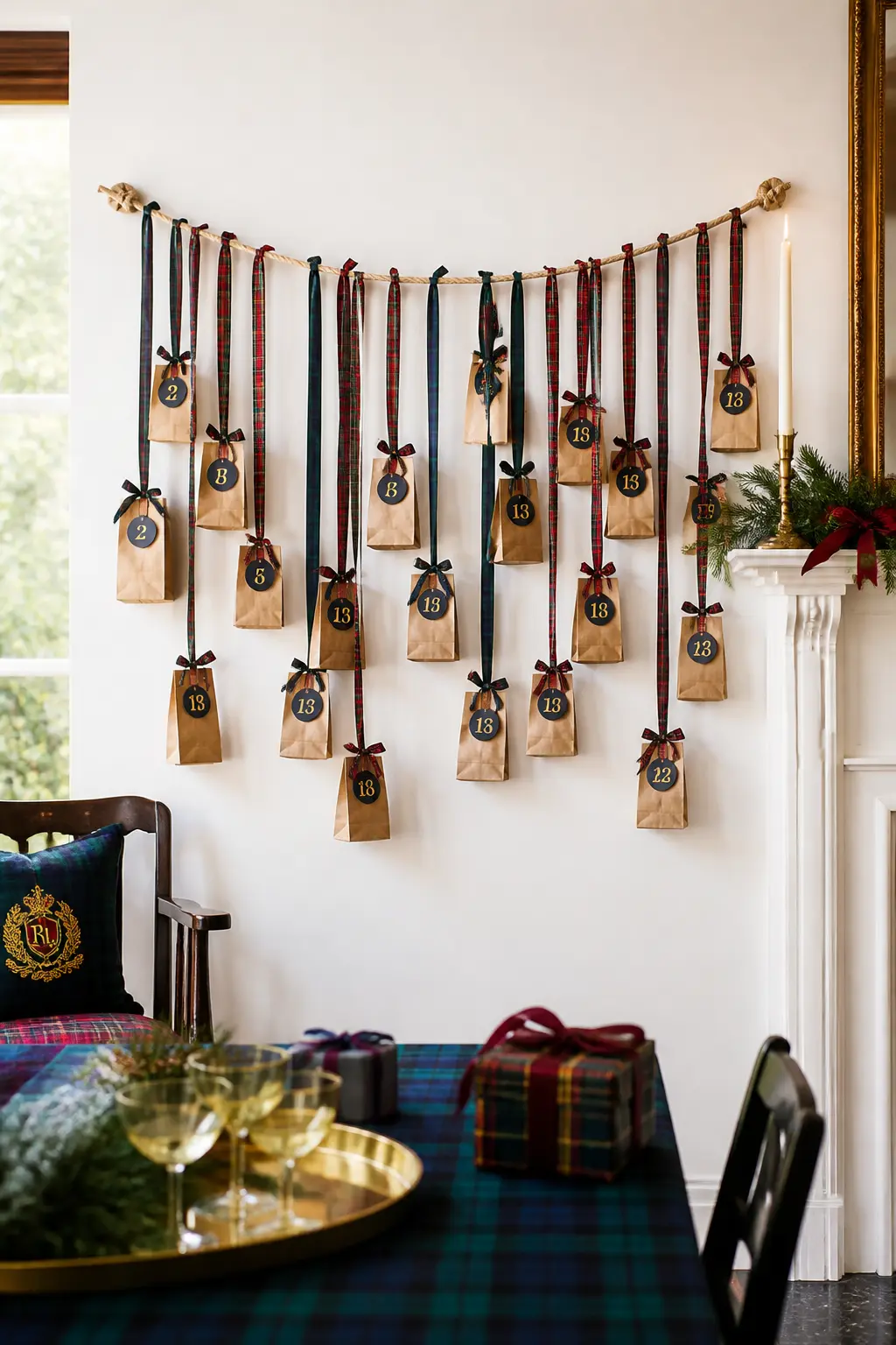 The Tartan Ribbon Advent Calendar — Hang a length of thick jute or cotton rope across a wall between two cup hooks, at picture-rail height. Ralph lauren