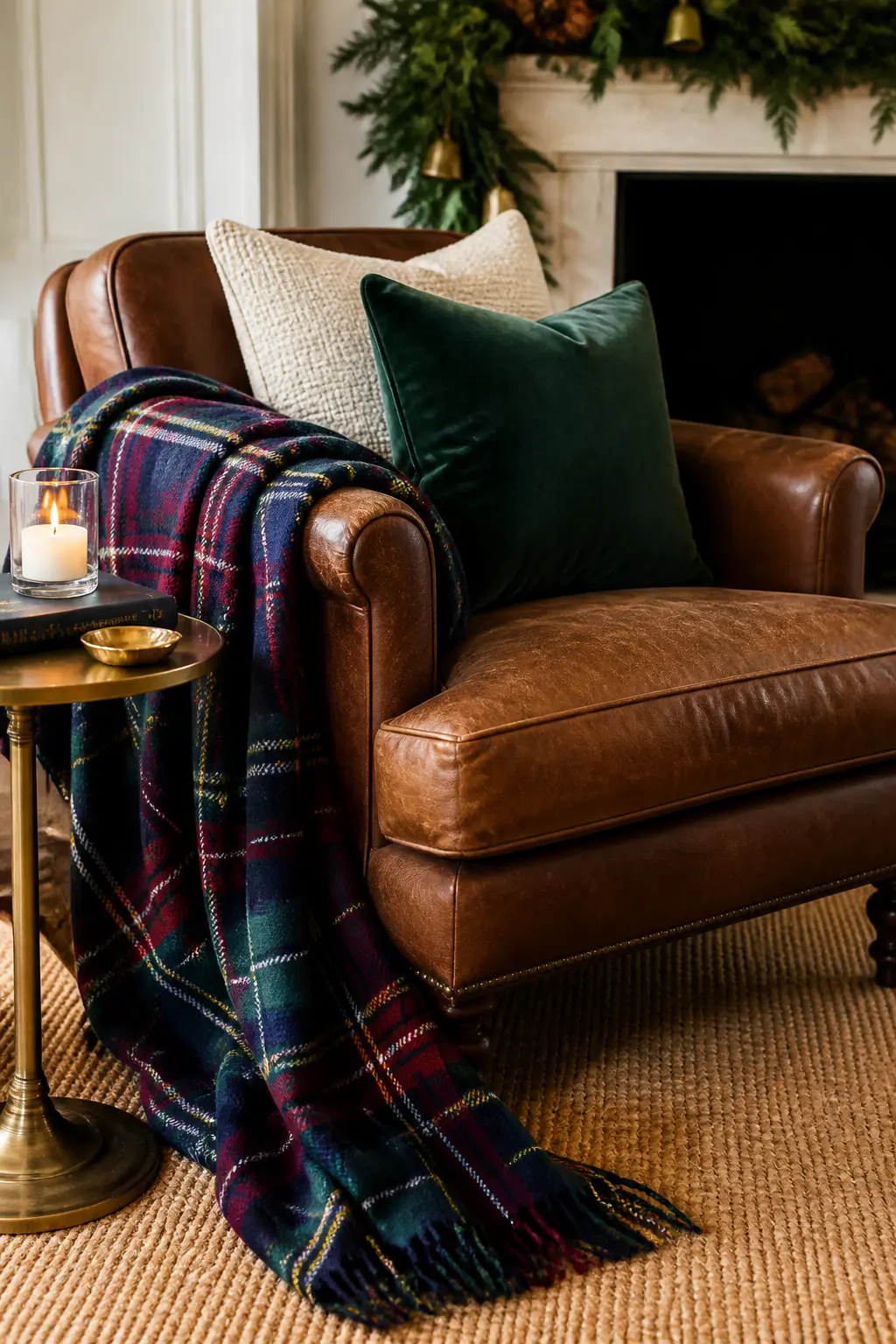The Tartan Throw and Velvet Cushion Chair — Take any armchair or tub chair and dress it with one tartan wool throw in navy, burgundy, and green draped over one
