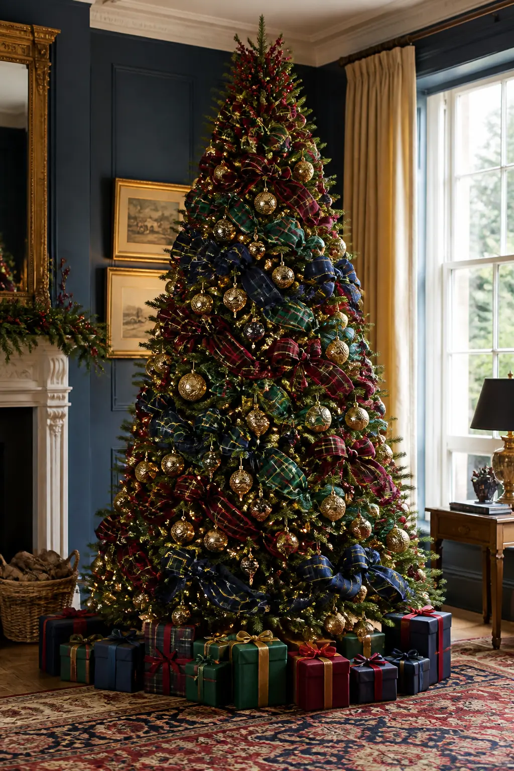 The Tartan-Ribbon Layered Tree — Ribbon on a tree usually means velvet, but a wide tartan ribbon in navy, burgundy, and green layers the palette into the tree