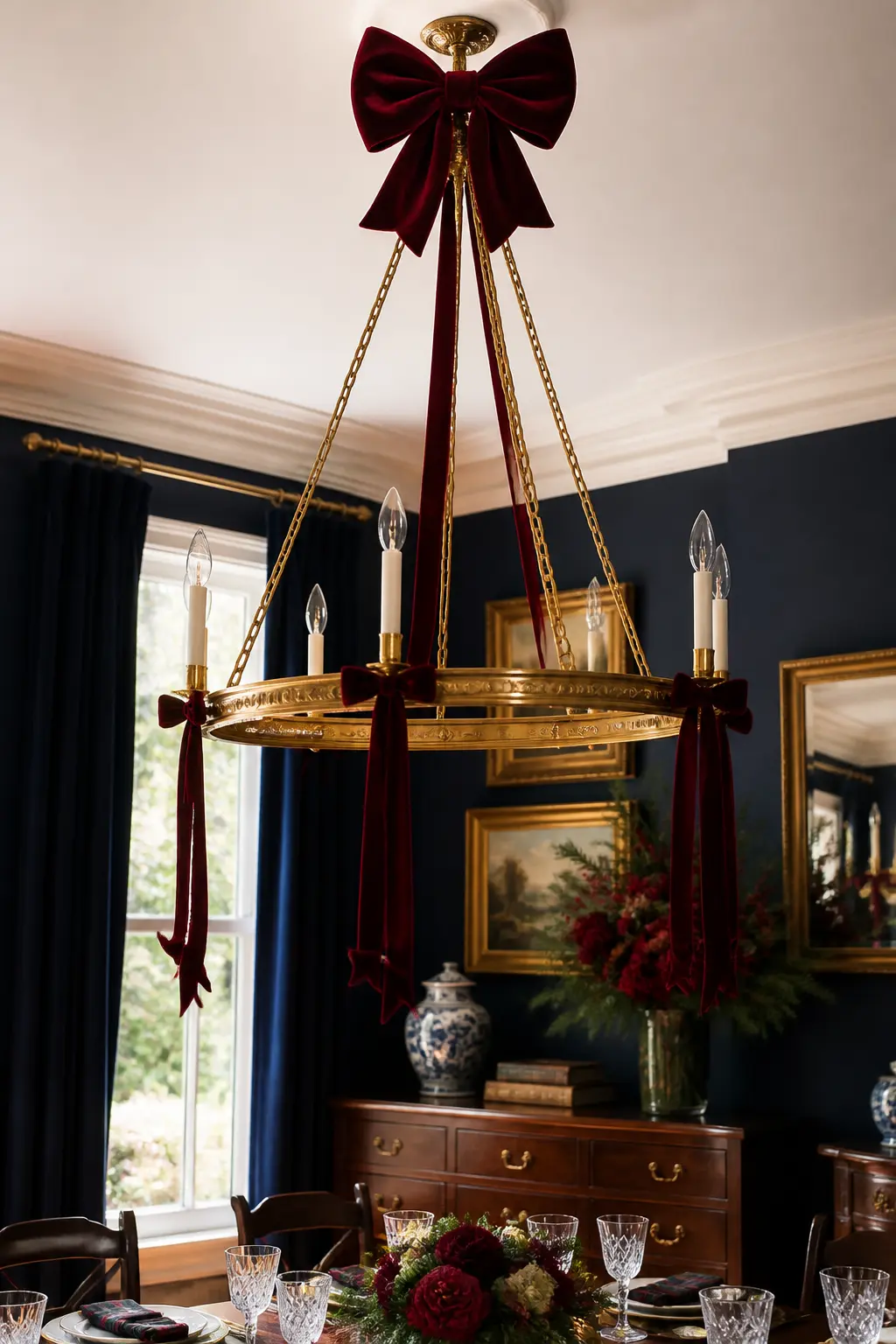 The Velvet Bow Chandelier — Tie one large velvet bow at the top of the chandelier chain where it meets the ceiling, tails falling to frame the fixture. Ralph