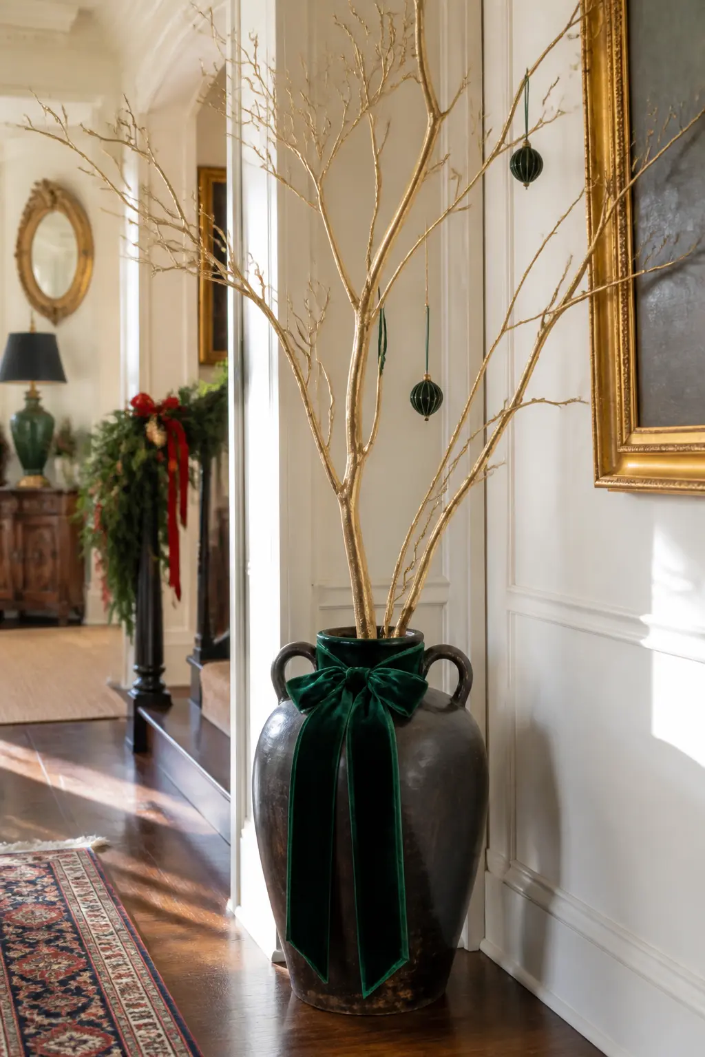 The Velvet Bow on a Bare Branch Vase — Stand three or four tall bare branches (spray-painted gold or left natural) in a large dark vase or urn. Ralph lauren