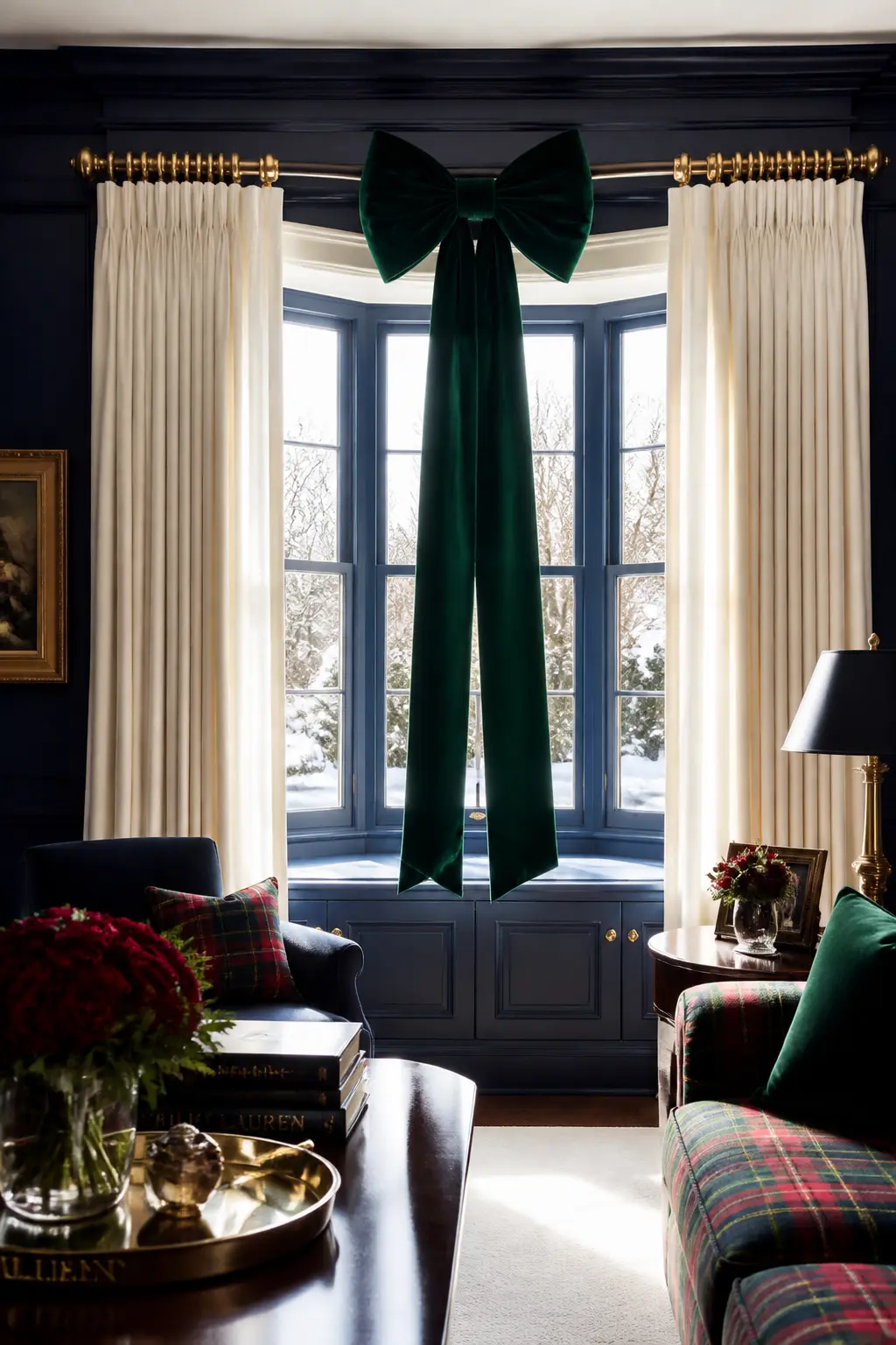 The Velvet Bow Window — At each window, tie a single velvet bow at the very top of the curtain rod, centered, with tails that fall straight down behind the