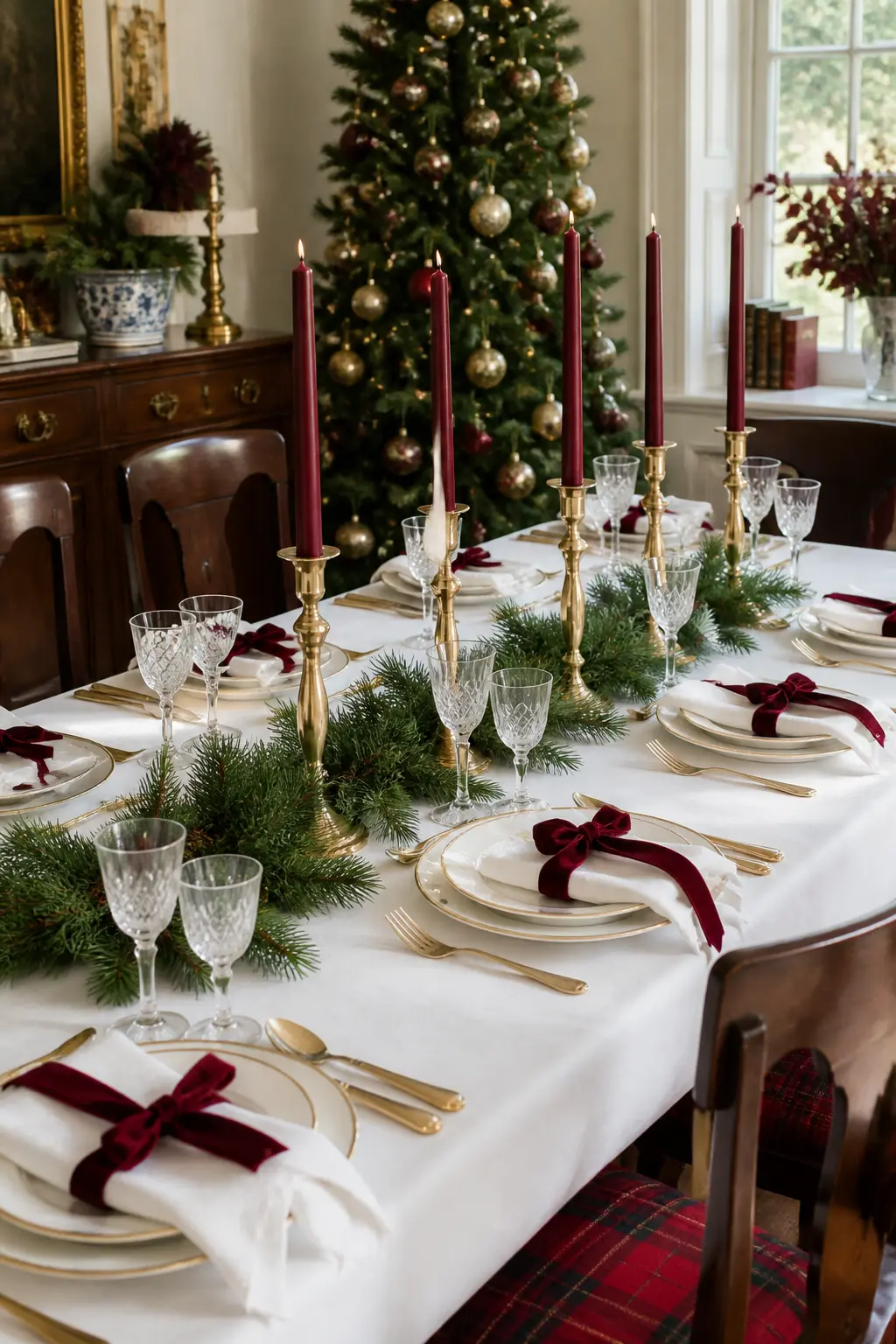 The White Linen and Burgundy Taper Table — A white linen tablecloth, pressed flat with no runner over it, is the base. Ralph lauren christmas
