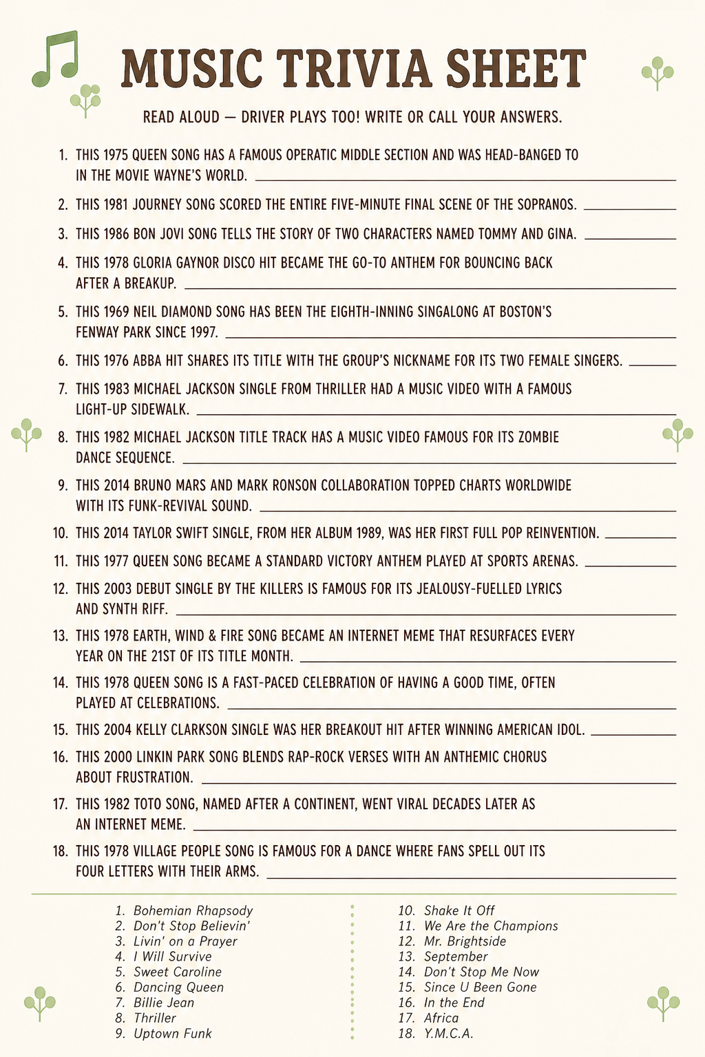 Music Trivia Sheet printable