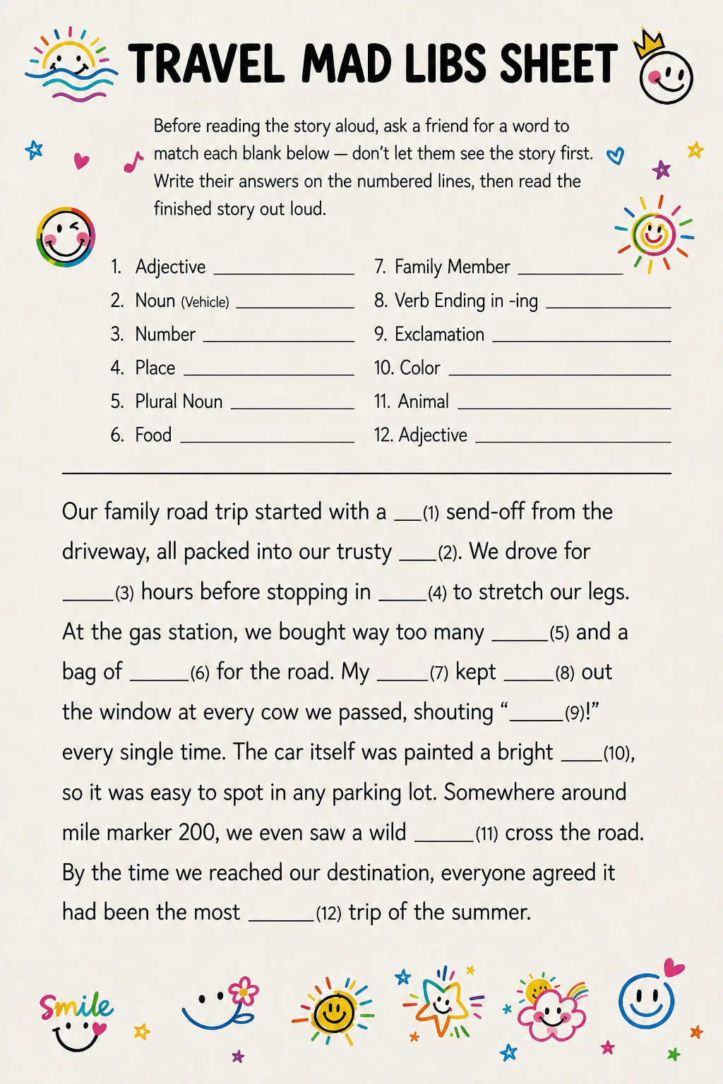 Travel Mad Libs Sheet printable