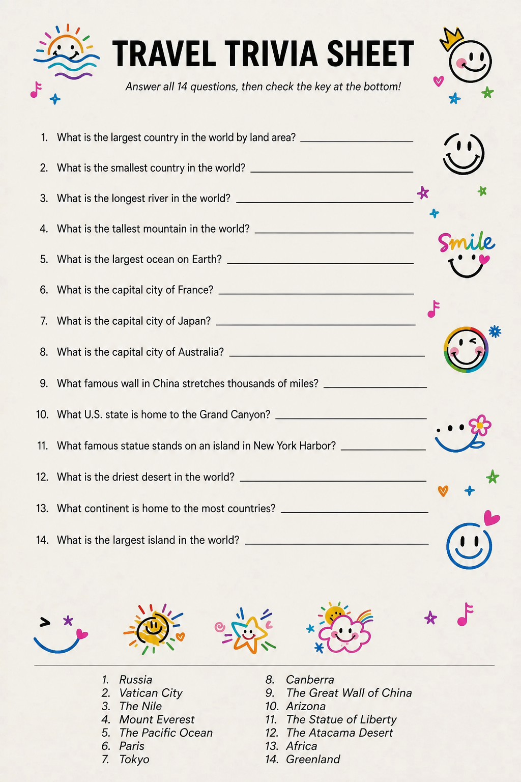 Travel Trivia Sheet printable