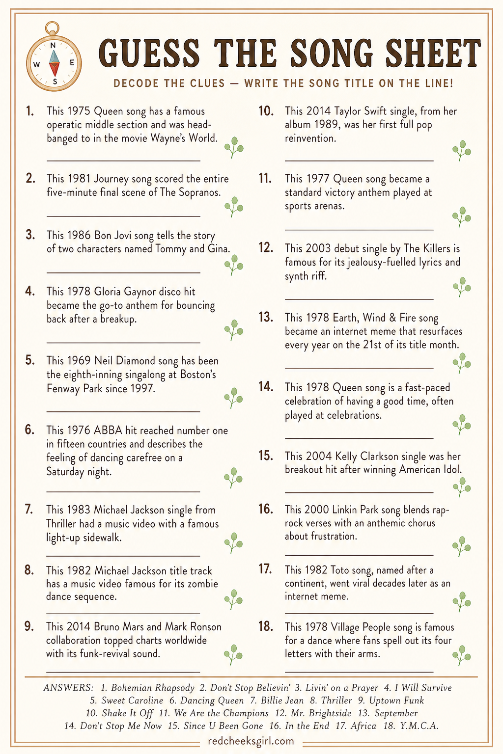 Guess the Song Sheet printable