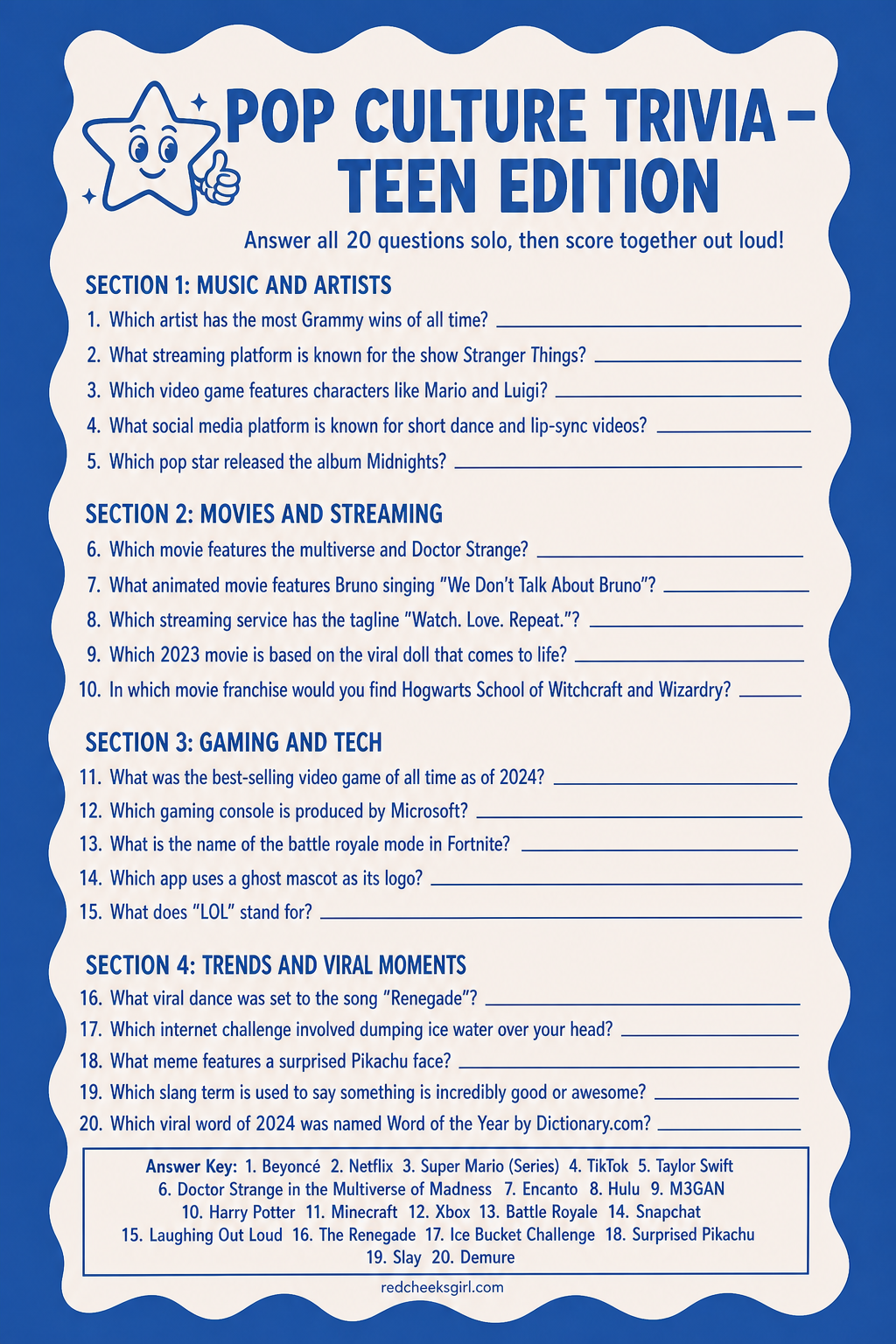 Pop Culture Trivia Sheet printable