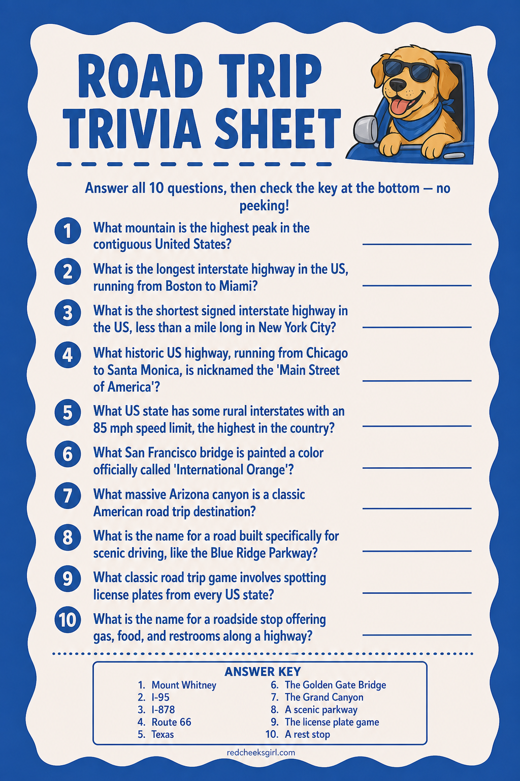 Road Trip Trivia Sheet printable