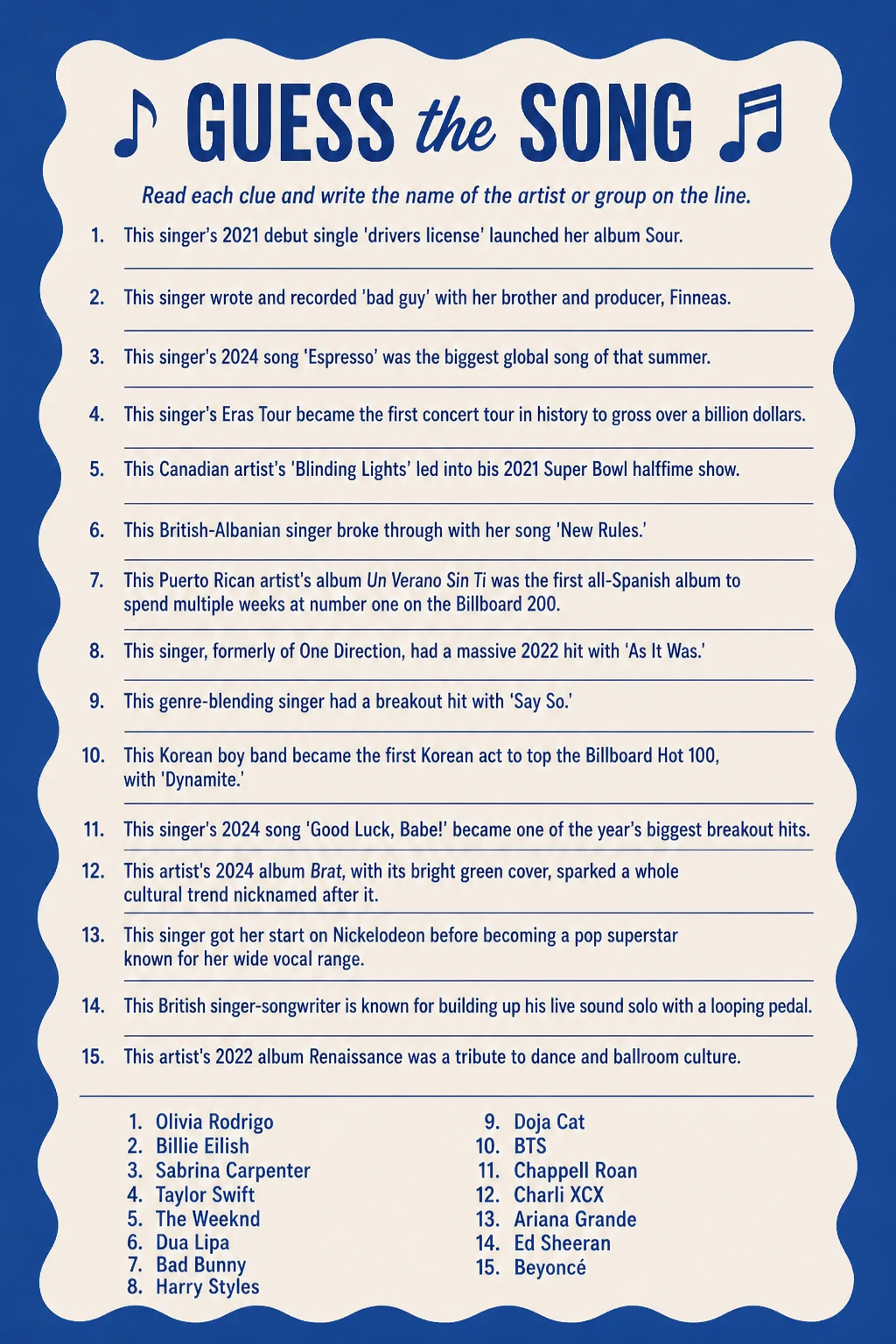 Guess the Lyric Sheet printable