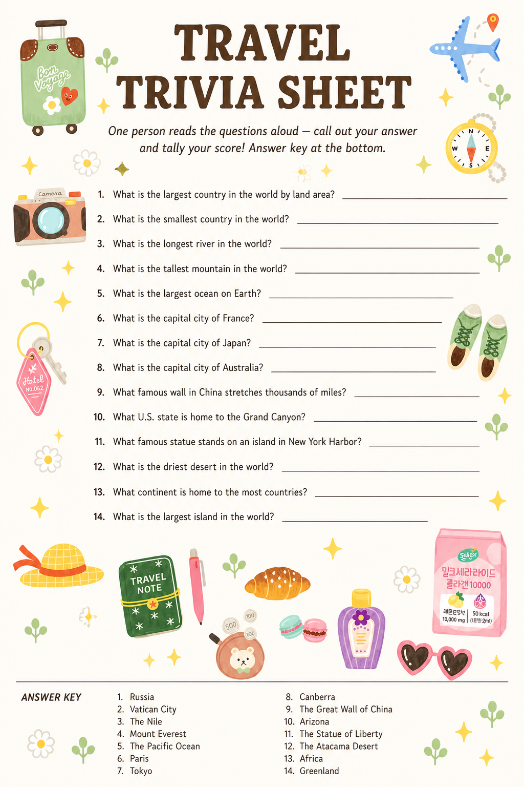 Travel Trivia Sheet printable
