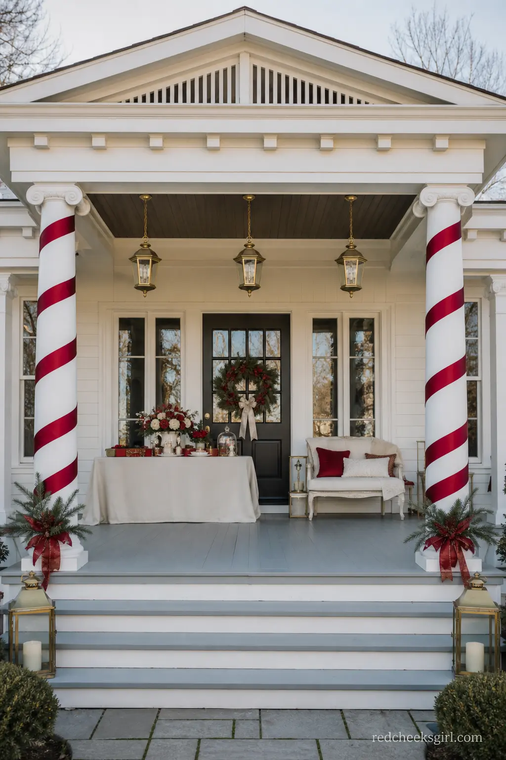 Candy-Striped Ribbon Wrap for the Porch Pillars — Wide red and white ribbon spirals around each porch pillar like an oversized candy cane, with a sprig of pine
