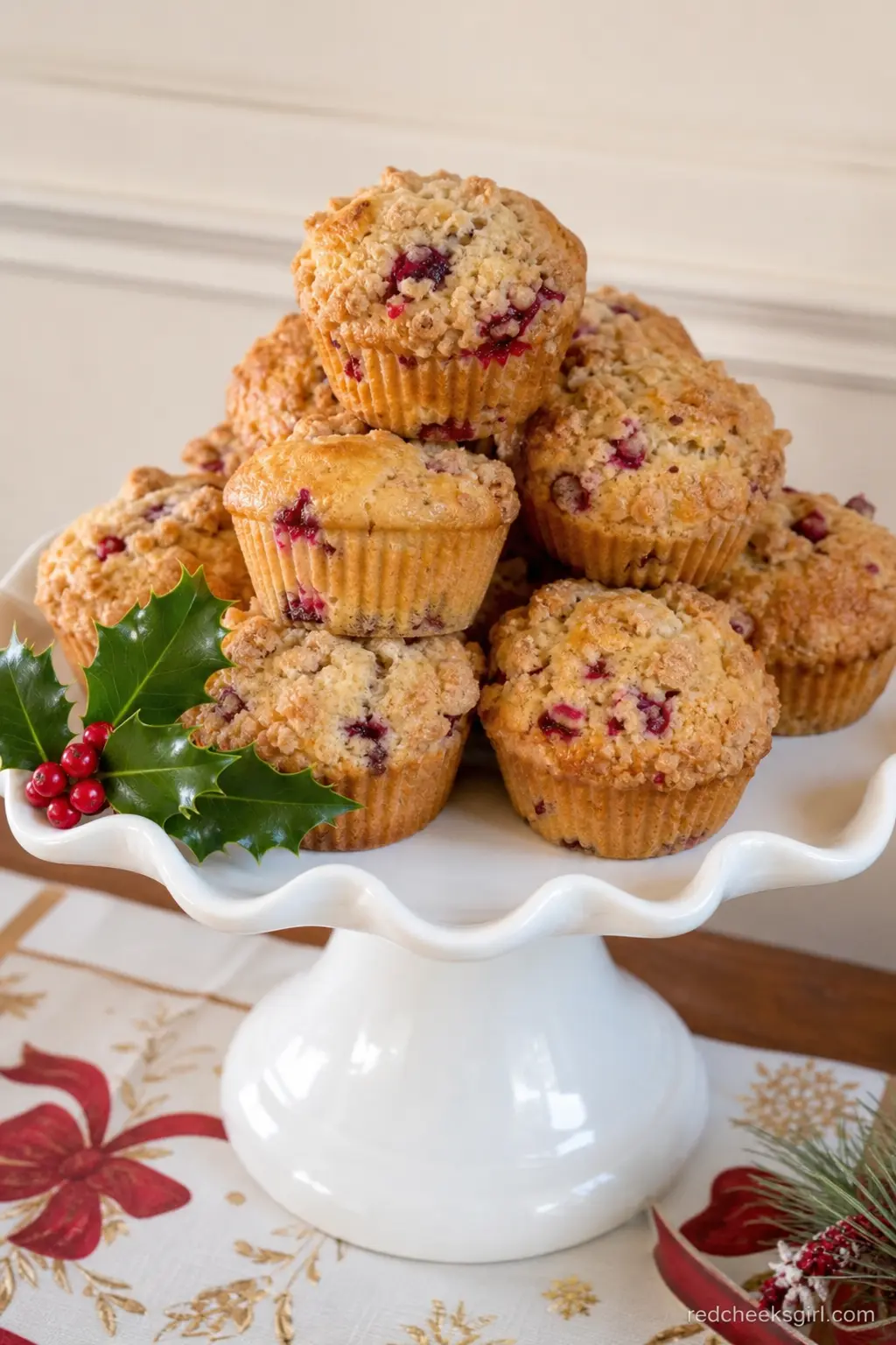 Cranberry Orange Muffins Stacked on a Cake Stand with Holly — A white cake stand holds a tall stack of cranberry orange muffins studded with visible berries, a