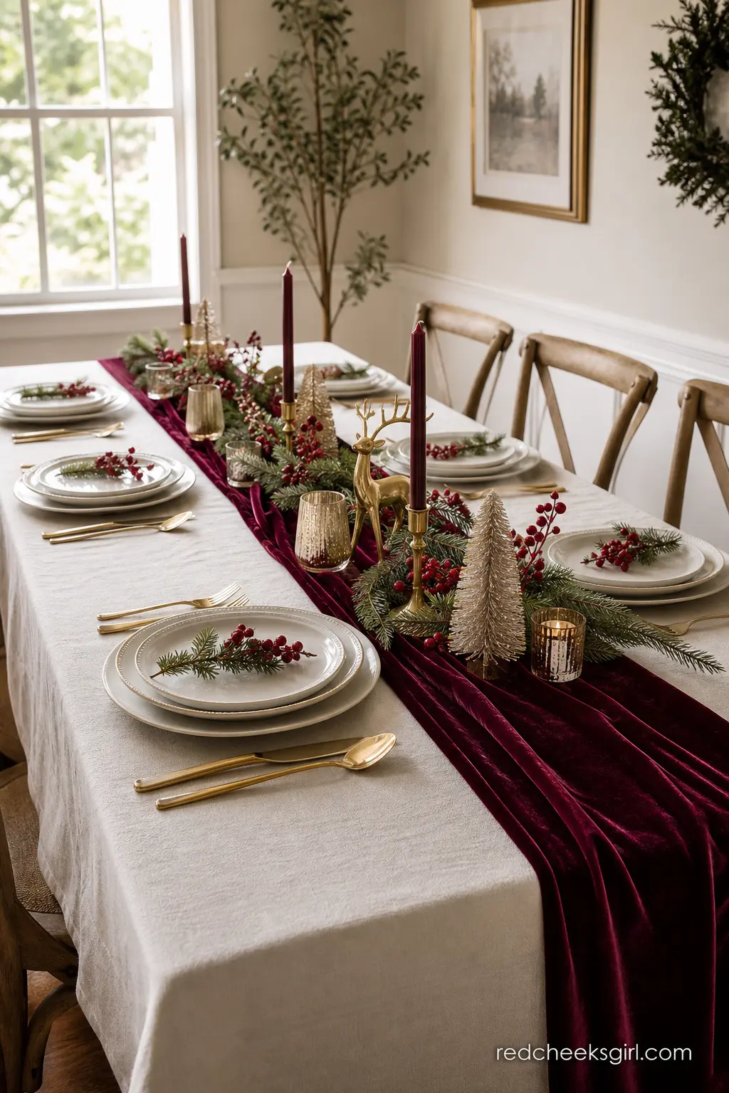 Cream Linen Table with Burgundy Velvet Runner and Gold Flatware — A dining table wears a plain cream linen cloth topped with a burgundy velvet runner, gold