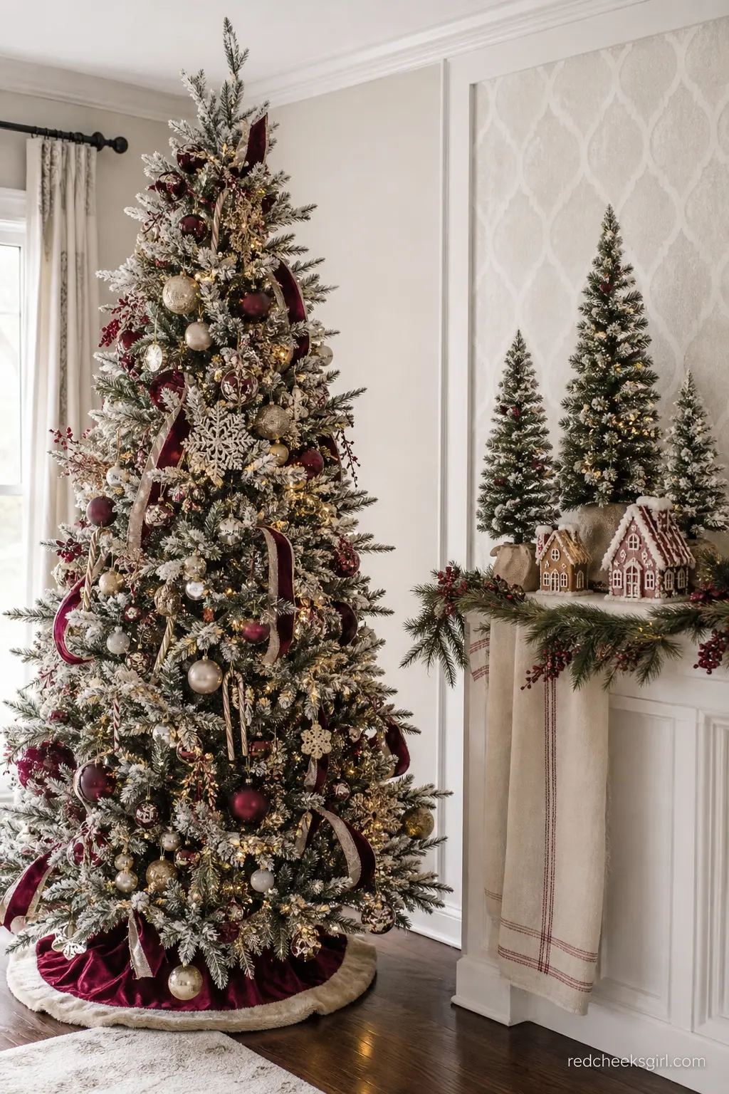Flocked Mini Tree and Gingerbread House Cluster — Three snow flocked mini trees stand beside two small gingerbread houses on the mantel, powdered sugar snow