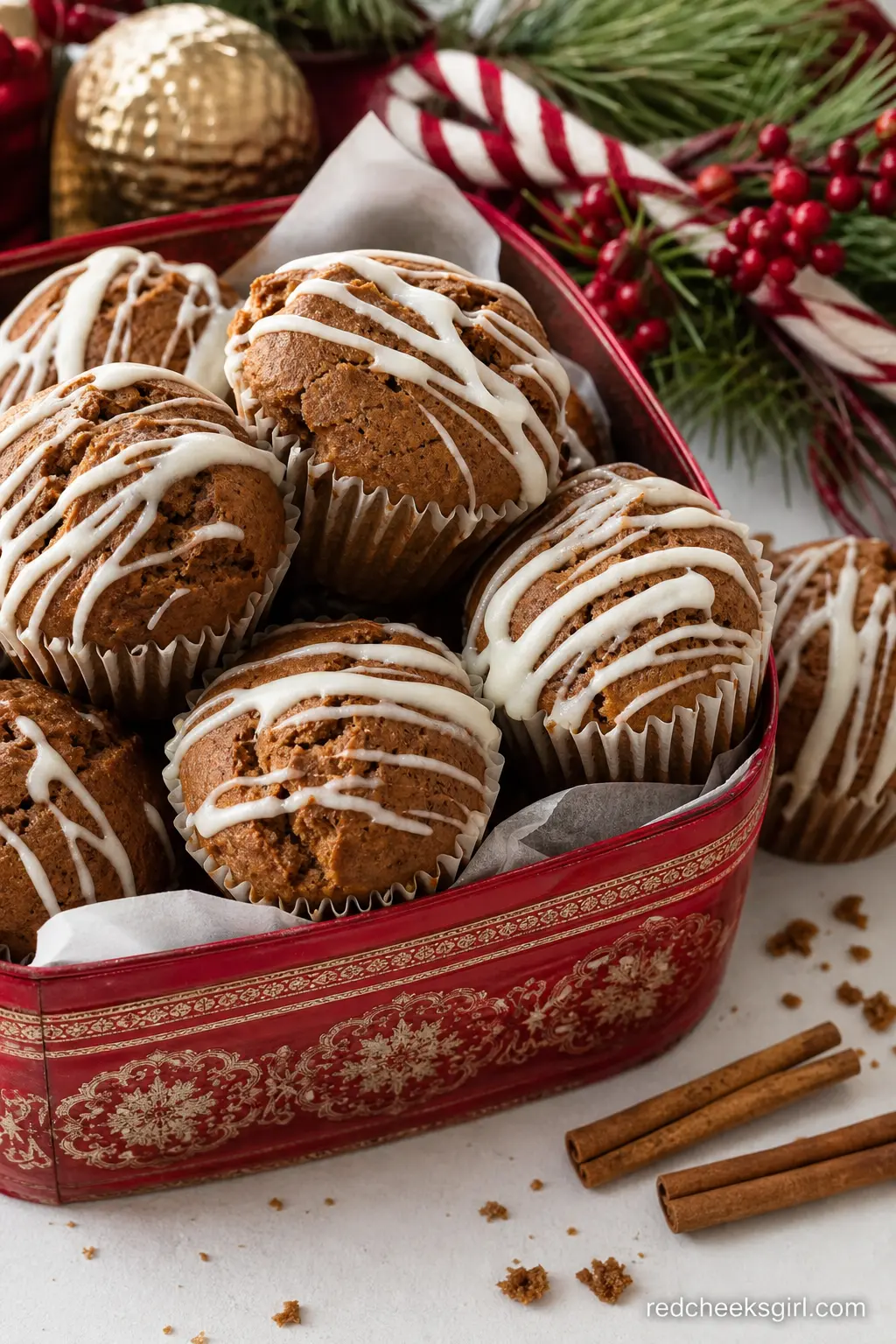 Gingerbread Muffins with Cream Cheese Drizzle in a Vintage Tin — A vintage red tin holds a stack of gingerbread muffins drizzled with cream cheese icing