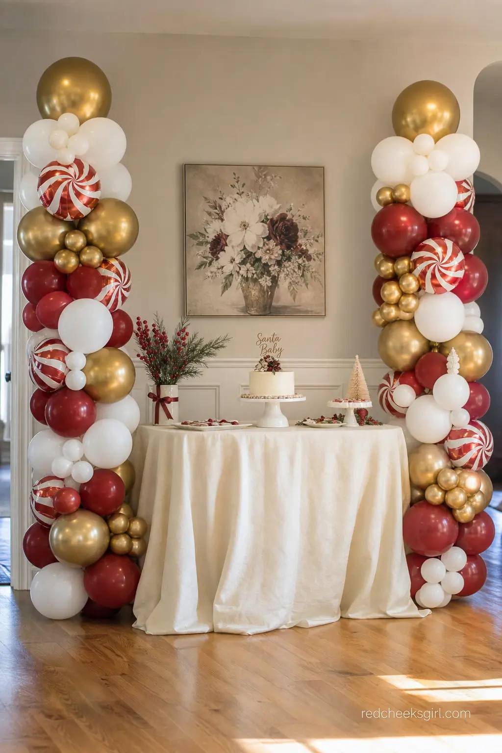 Gold and Peppermint Pillar Duo Flanking the Cake Table — Two matching balloon columns in gold, white and peppermint red stand whole from floor to rounded top