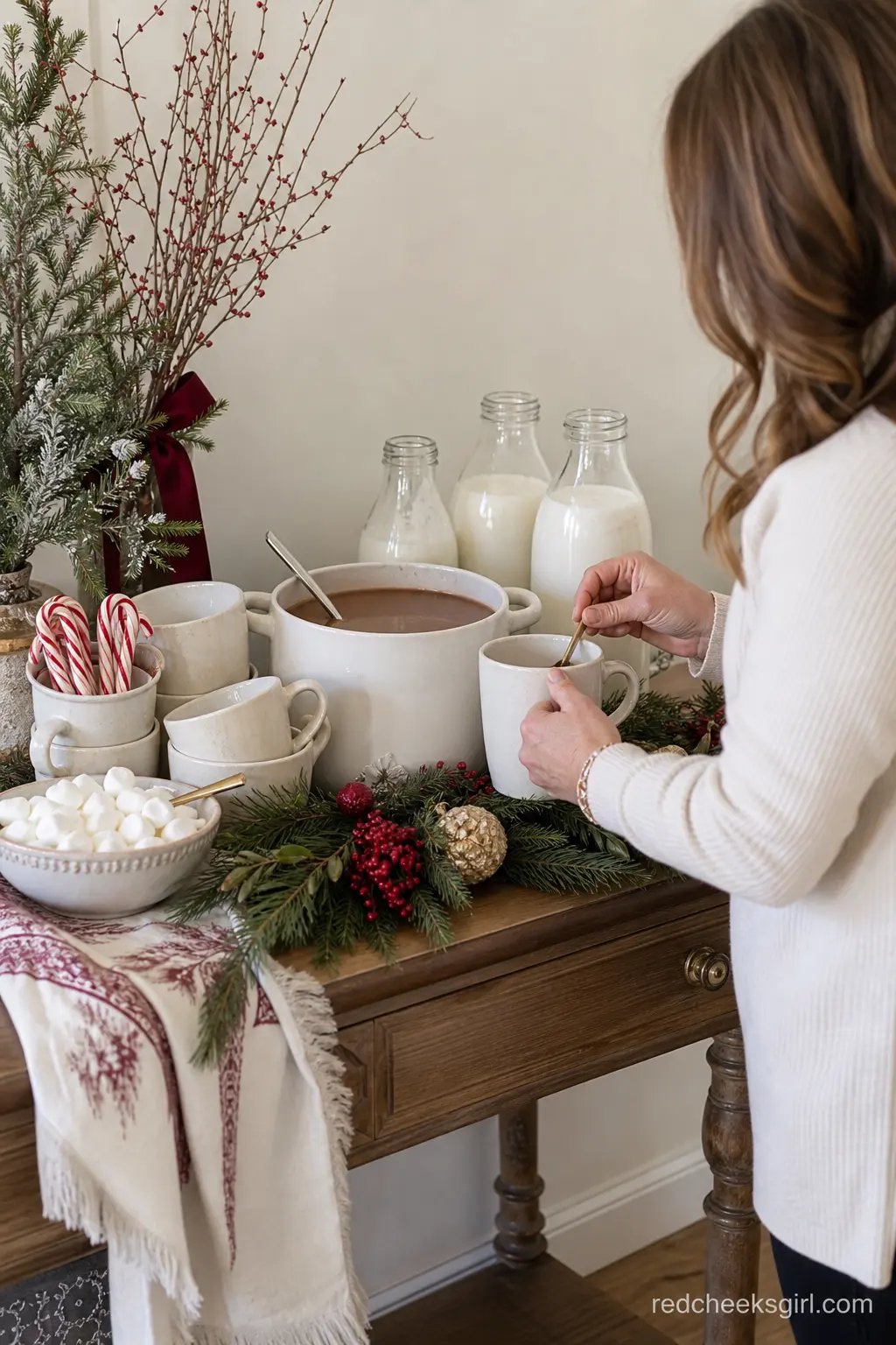 Hot Cocoa and Milk Station with Vintage Glass Bottles — A small station holds glass bottles of milk, a pot of hot cocoa, mugs and a bowl of marshmallows on a