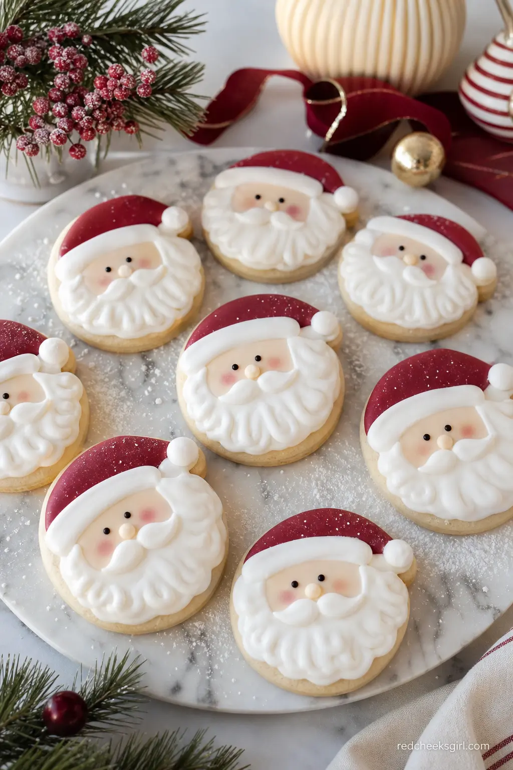 Iced Santa Face Sugar Cookies on a Marble Platter — A marble platter holds a row of round sugar cookies iced to look like a jolly bearded face, filling the
