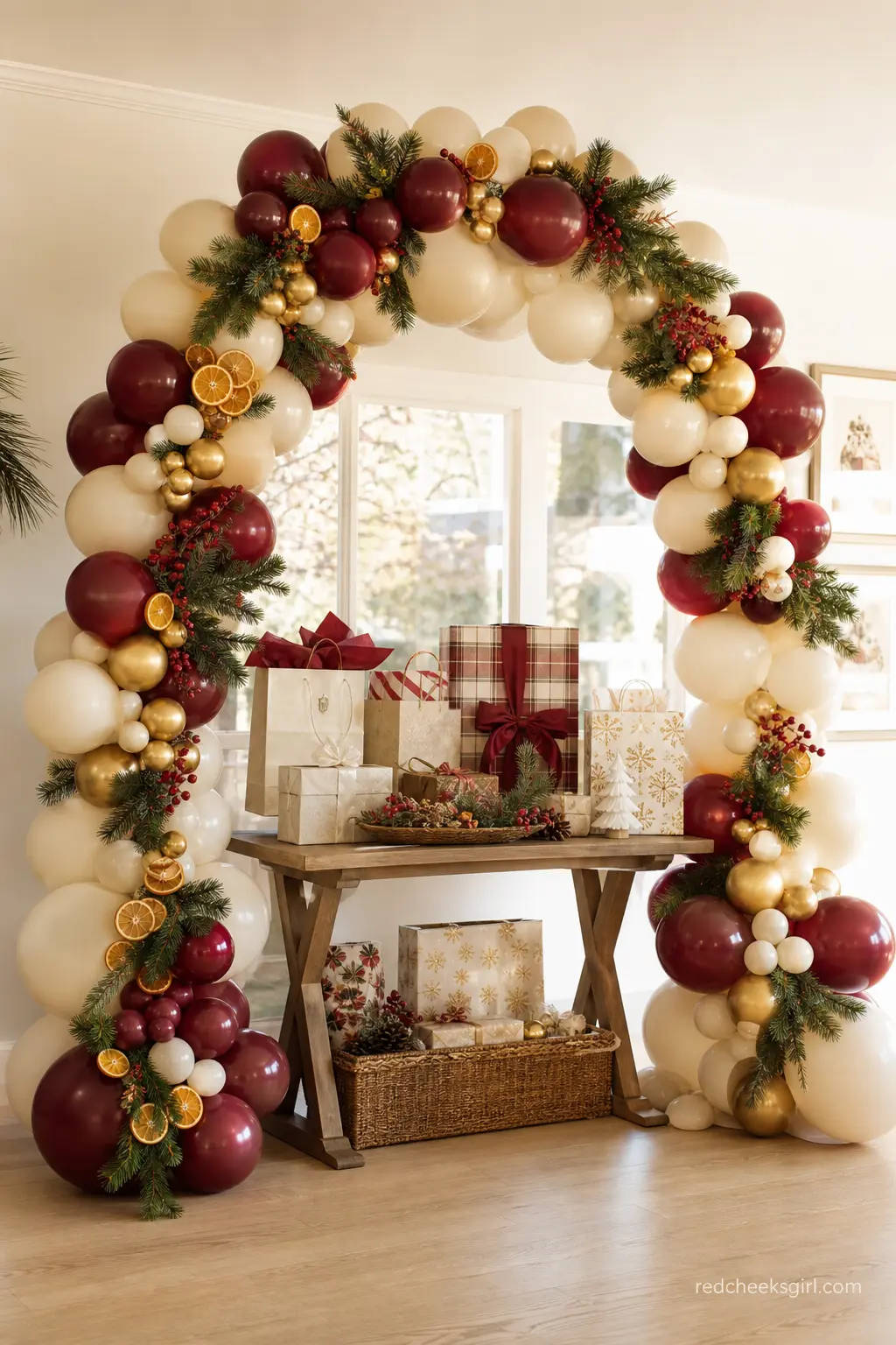 Ivory and Burgundy Cluster Arch over the Gift Table — Ivory, deep burgundy and gold balloons cluster into a tall arch that curves whole from the floor to the