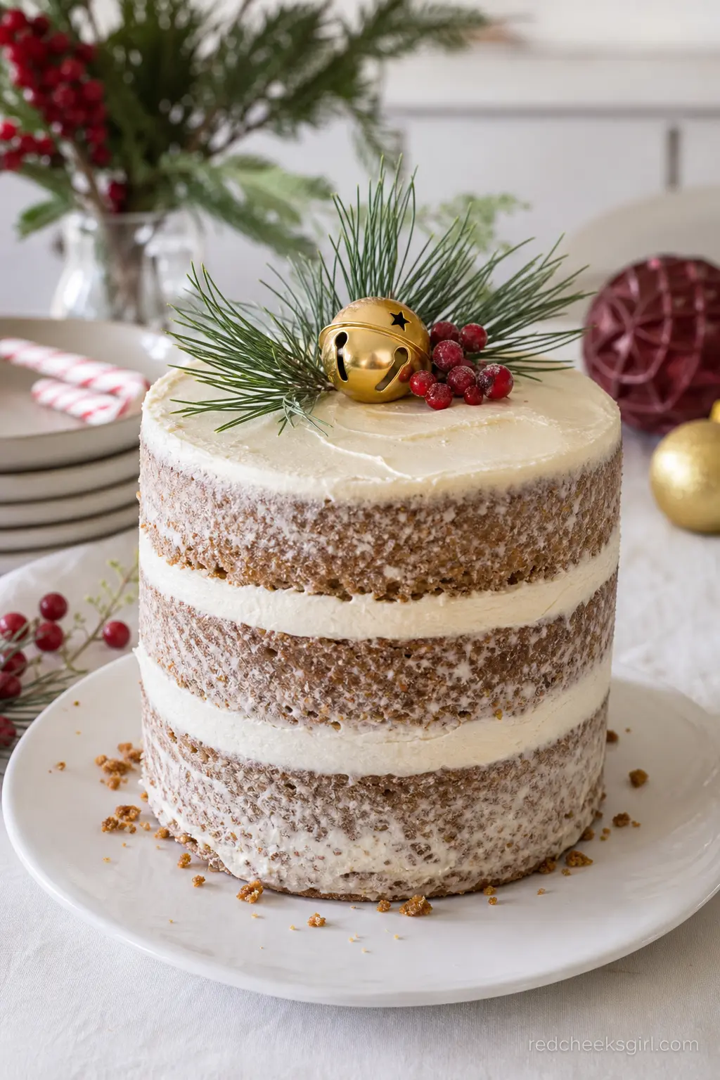 Naked Spice Cake with Pine Sprig and Berry Topper — A naked spice cake with its layers left visible gets topped with pine sprigs, red berries and a small gold