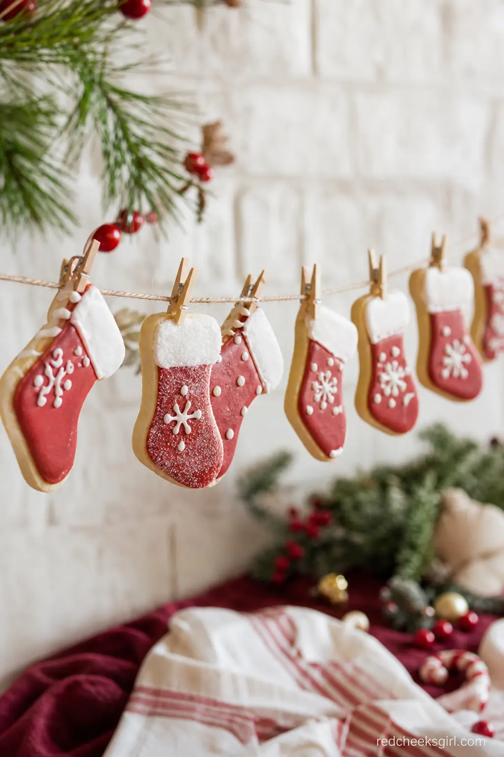Stocking-Shaped Shortbread Cookies Hung on a Mini Clothesline — Small stocking shaped shortbread cookies iced in red and white hang by tiny clips from a mini