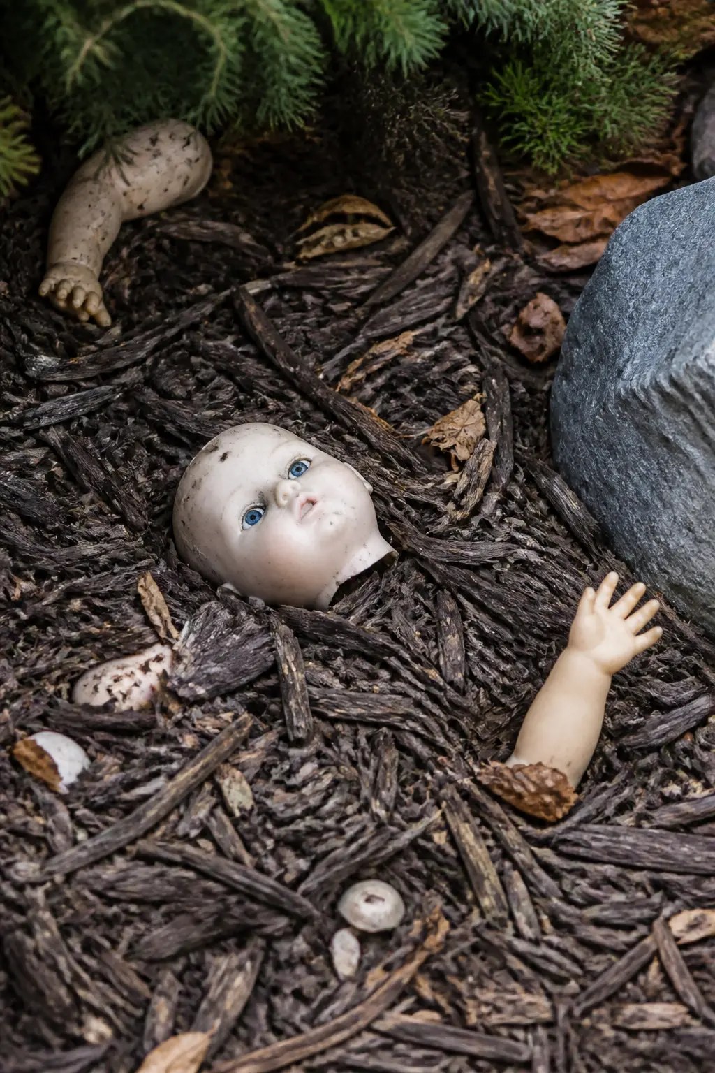 Doll Parts Scattered in the Mulch Bed