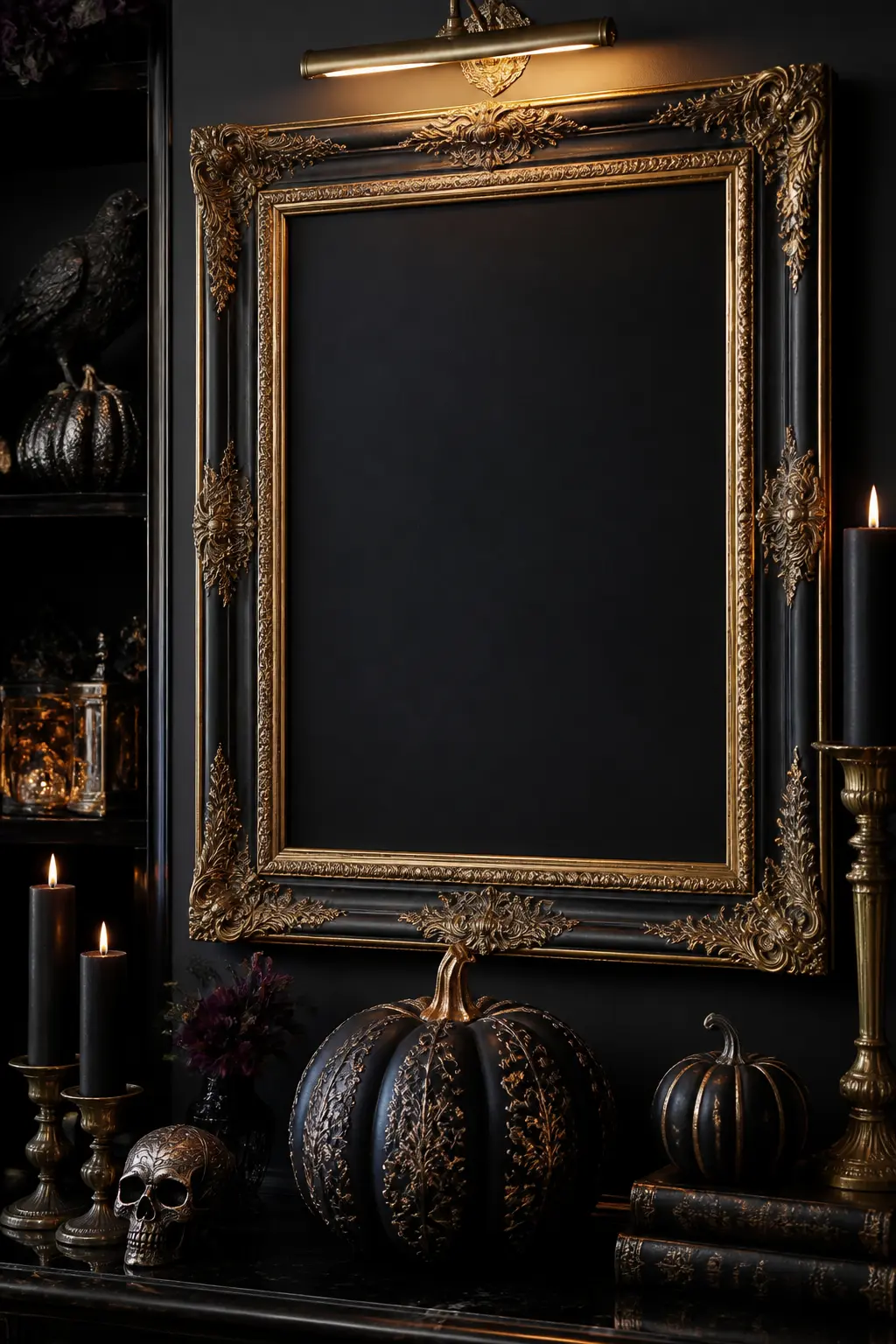 A Single Ornate Frame Holding an Empty Dark Canvas