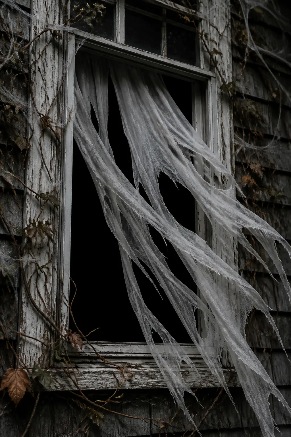Torn Curtains Blowing Out an Open Window