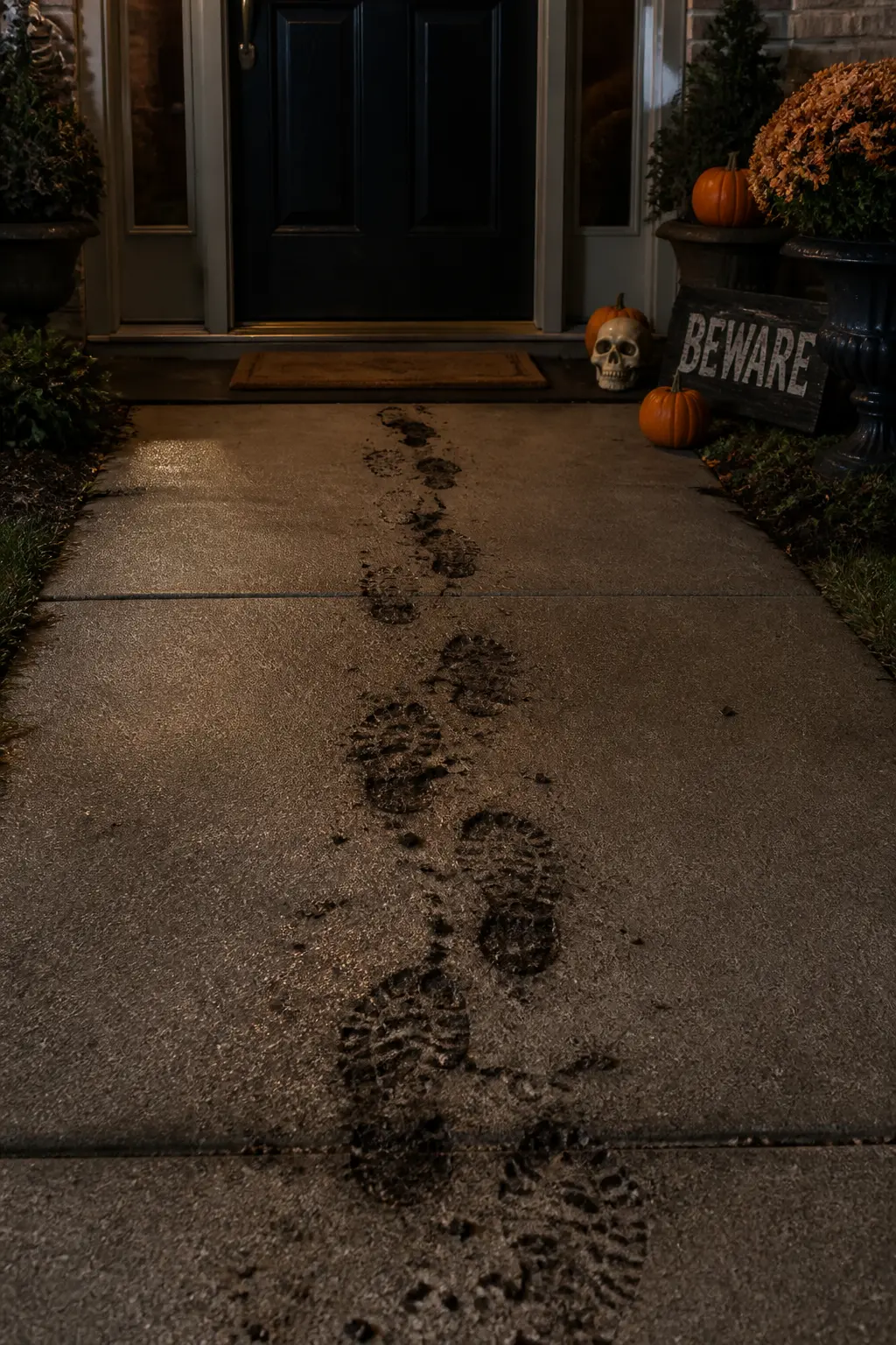 Trail of Muddy Footprints Leading Up to the Door and Stopping
