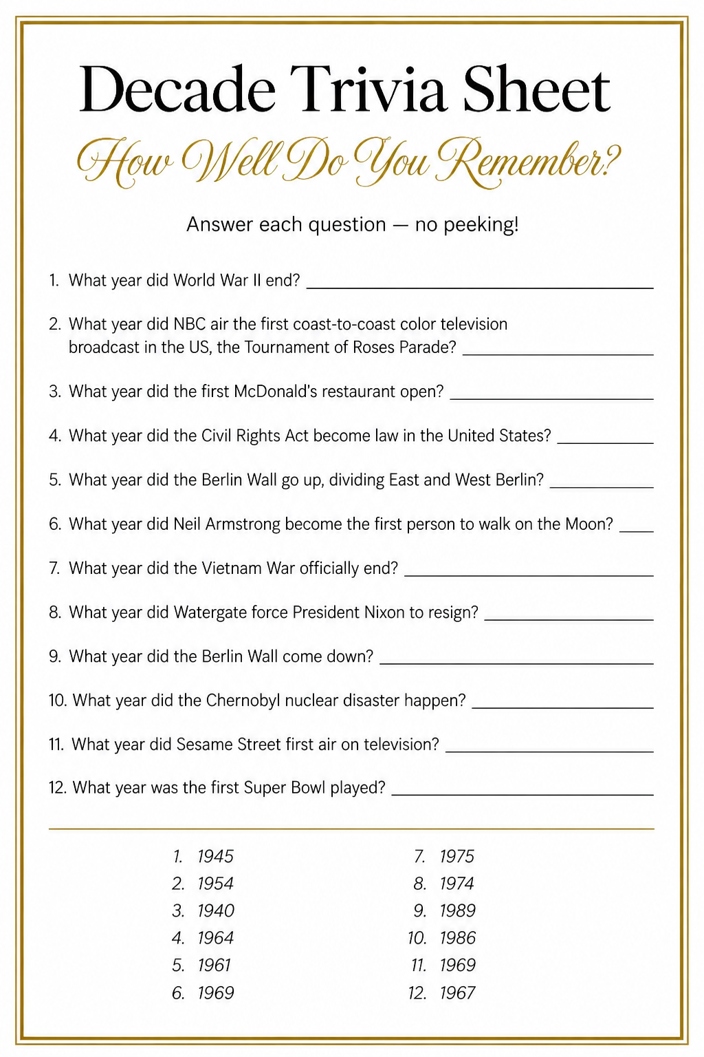 Decade Trivia Sheet printable