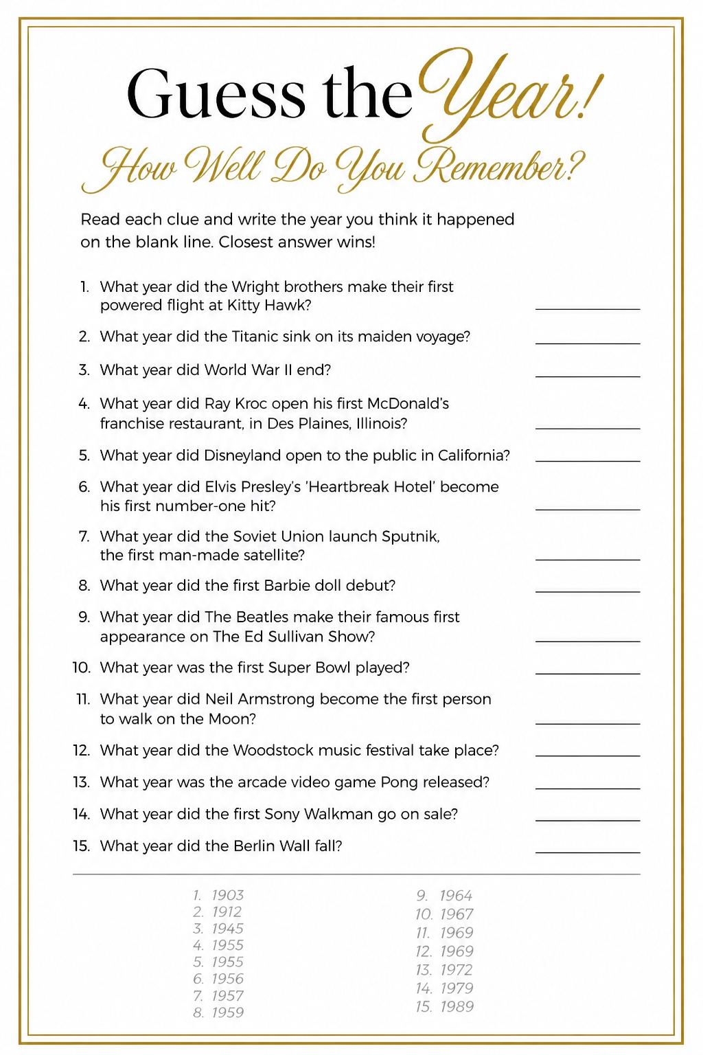 Guess the Year Sheet printable