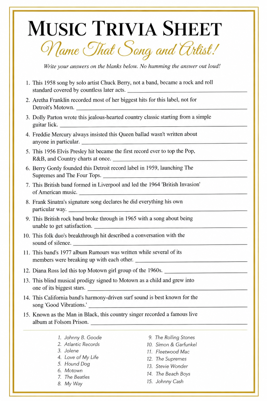 Music Trivia Sheet printable