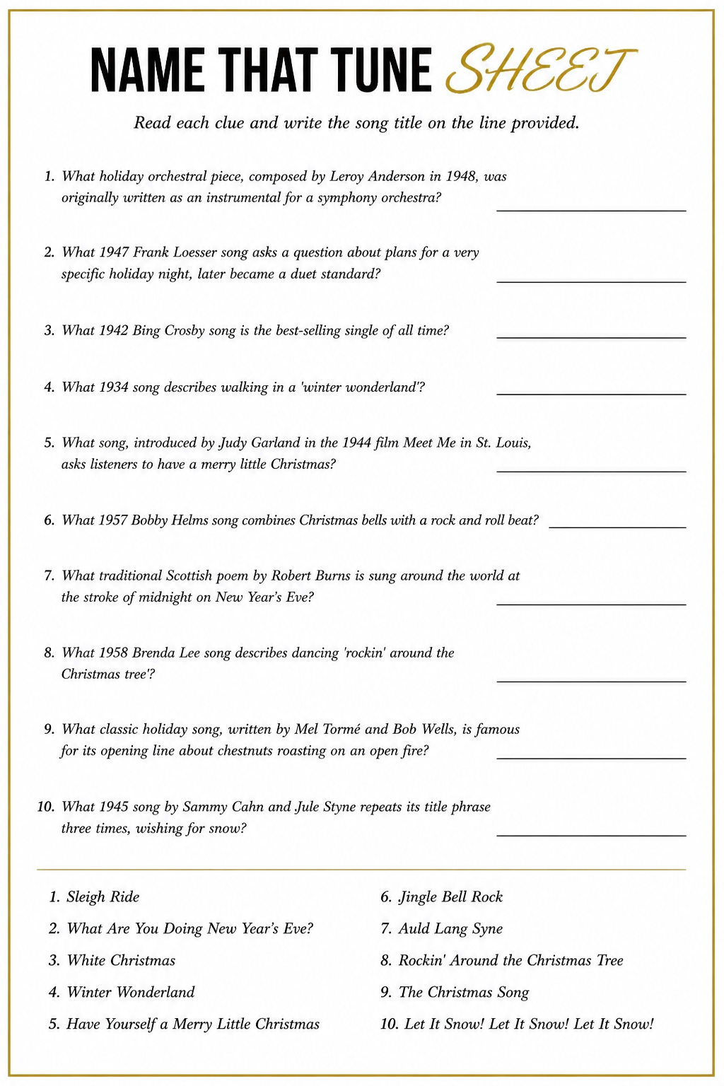 Name That Tune Sheet printable