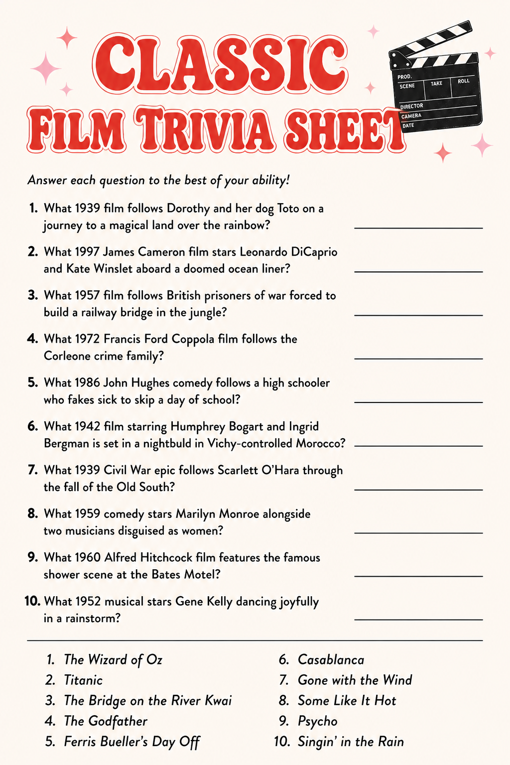 Classic Film Trivia Sheet printable