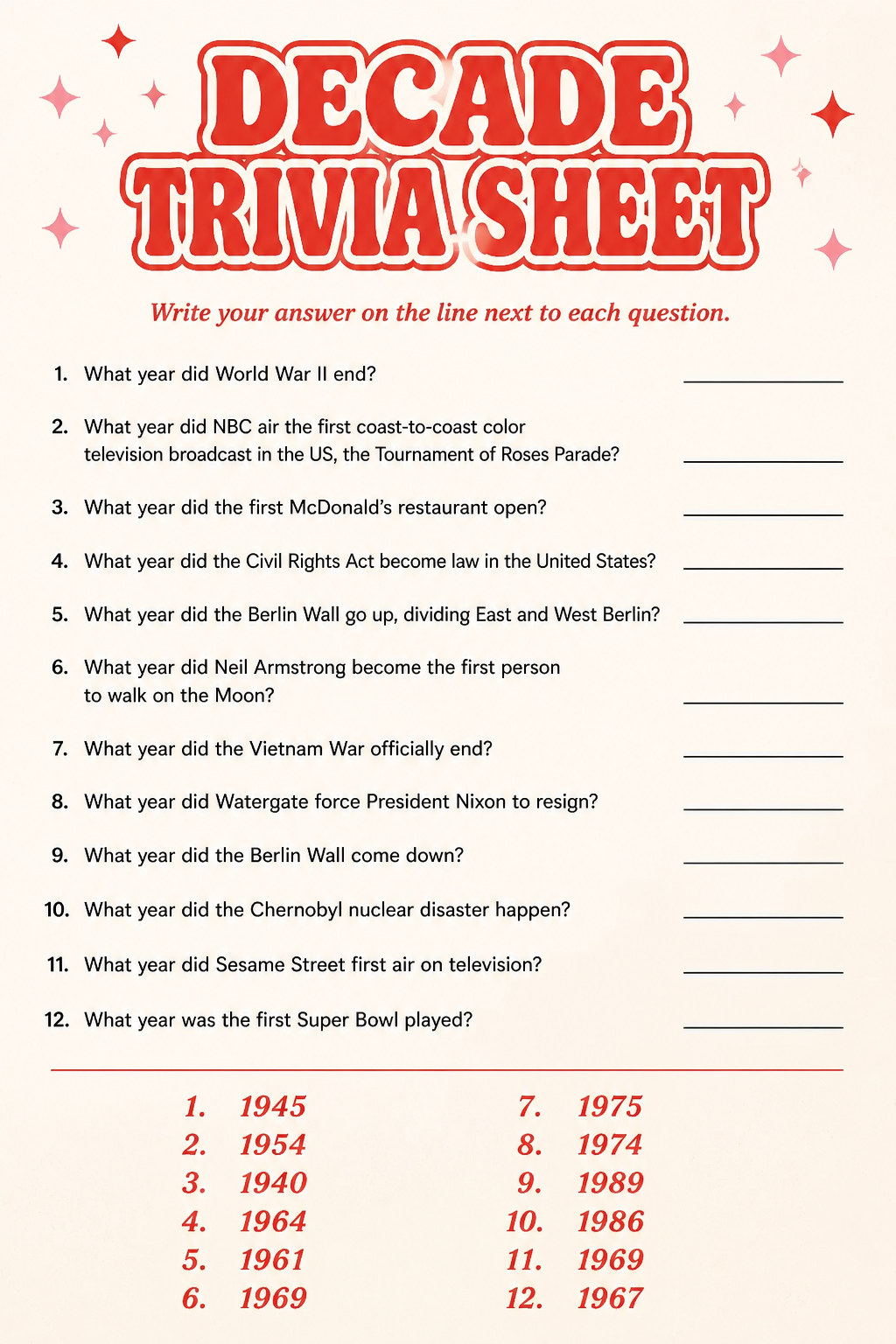Decade Trivia Sheet printable