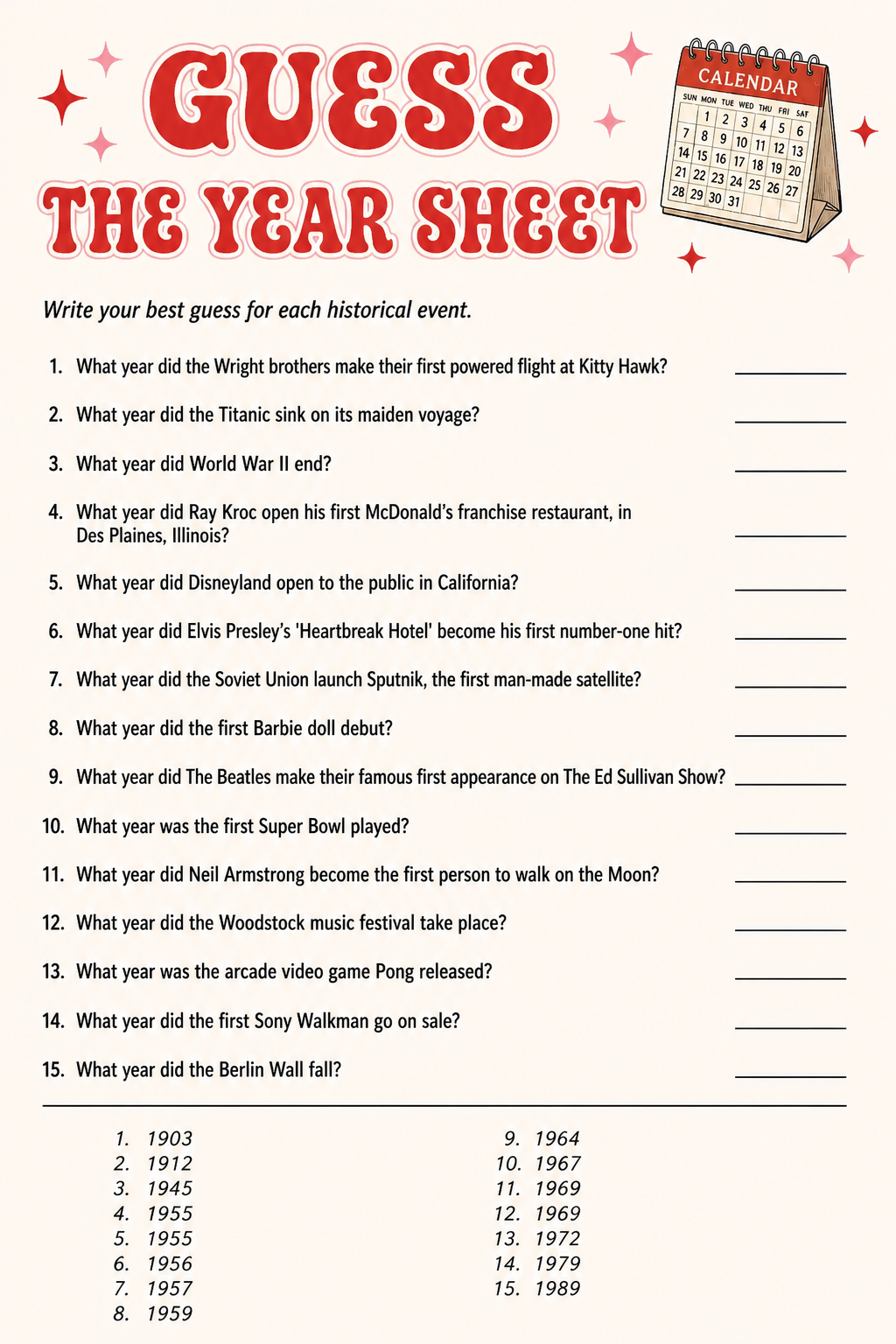 Guess the Year Sheet printable