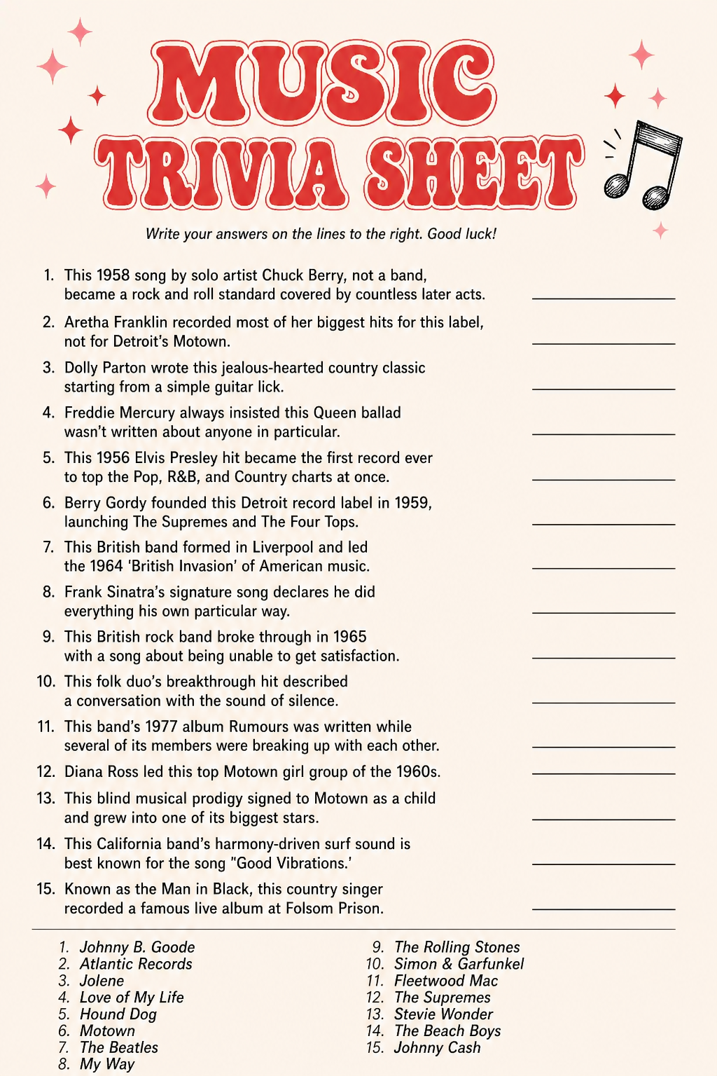 Music Trivia Sheet printable