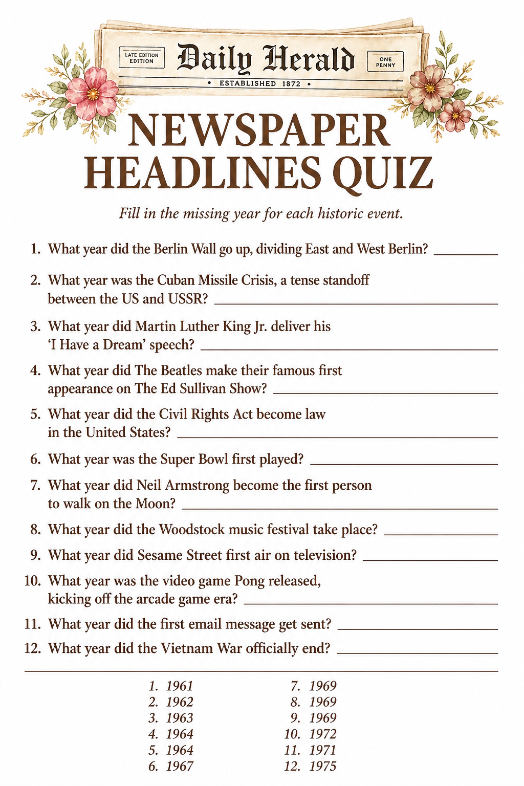 Newspaper Headlines Quiz printable