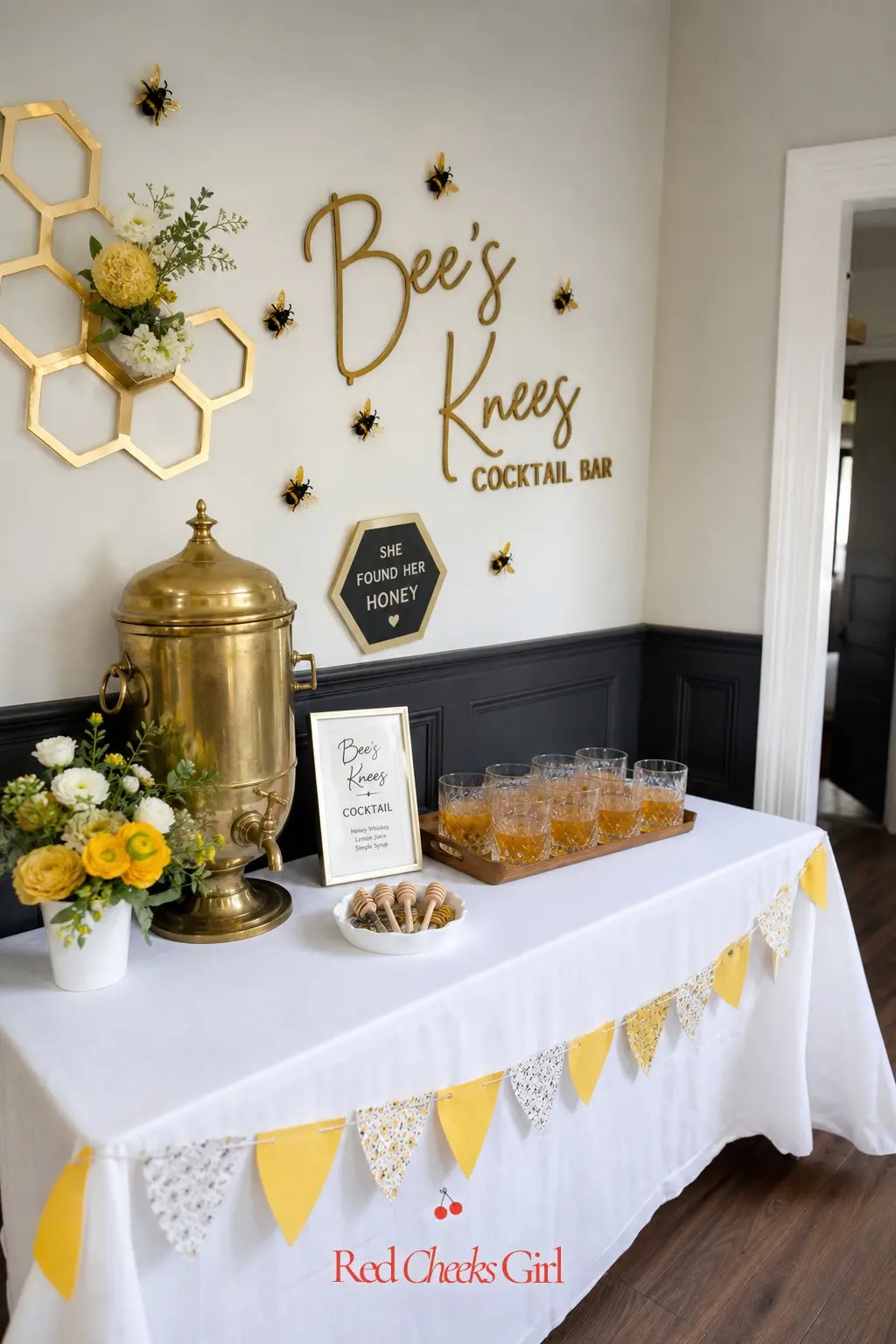 Bee's Knees Cocktail Bar — A small drink station gives guests a reason to linger somewhere other than the gift chair, and a honey shower has an obvious