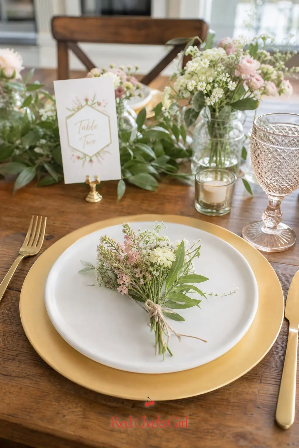 Gold Charger and Wildflower Posy Setting — A gold rimmed charger plate under a simple white dinner plate elevates a table instantly, and a tiny wildflower posy