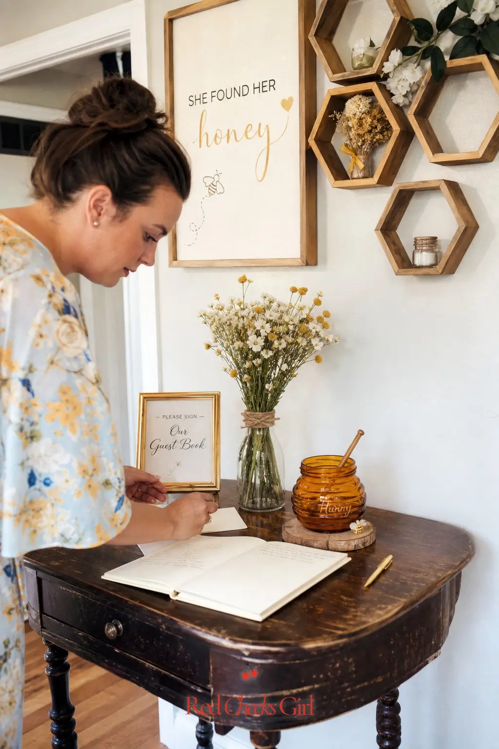 Guest Book Station With Honey Jar — A guest book station gives friends and family somewhere quiet to leave a note without competing with the gift opening. She