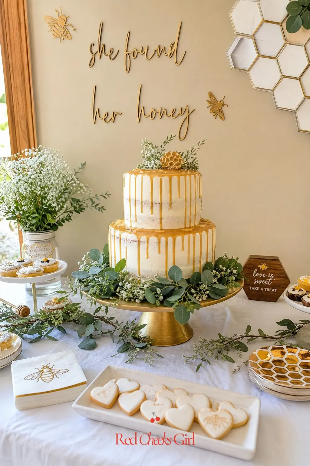Honey Drizzle Cake Table — The cake table earns the most photographs of the day, so it deserves the clearest single idea. She found her honey bridal shower