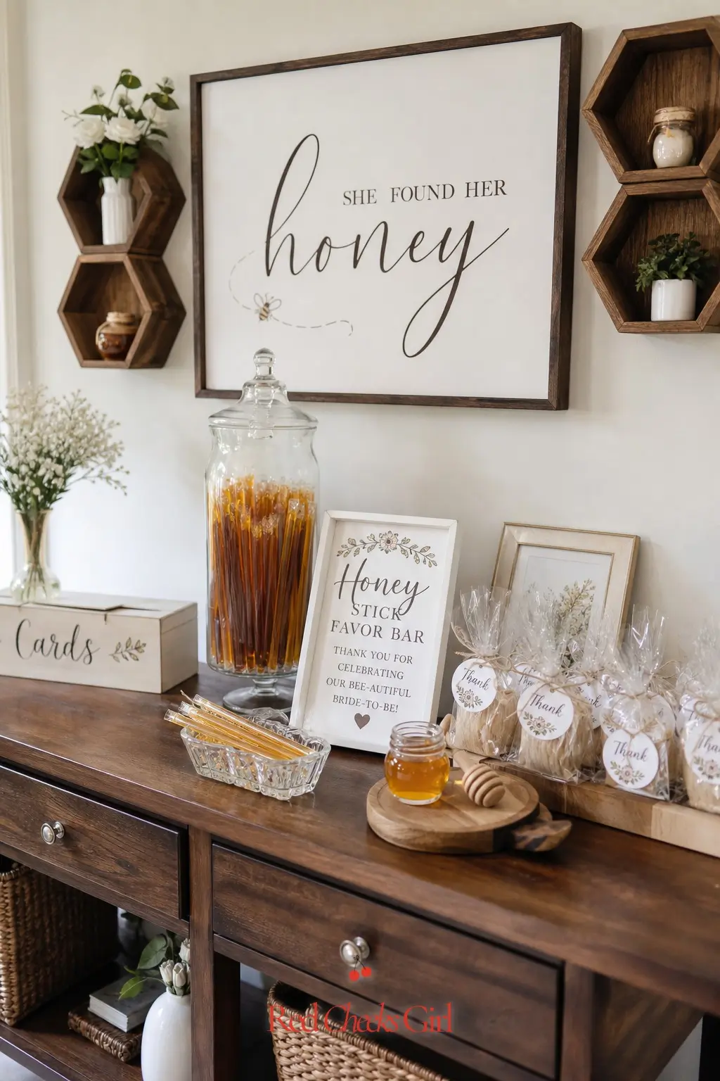 Honey Stick Favor Bar — Honey sticks are cheap, mess free, and easy for guests to grab on the way out without unwrapping anything. She found her honey bridal