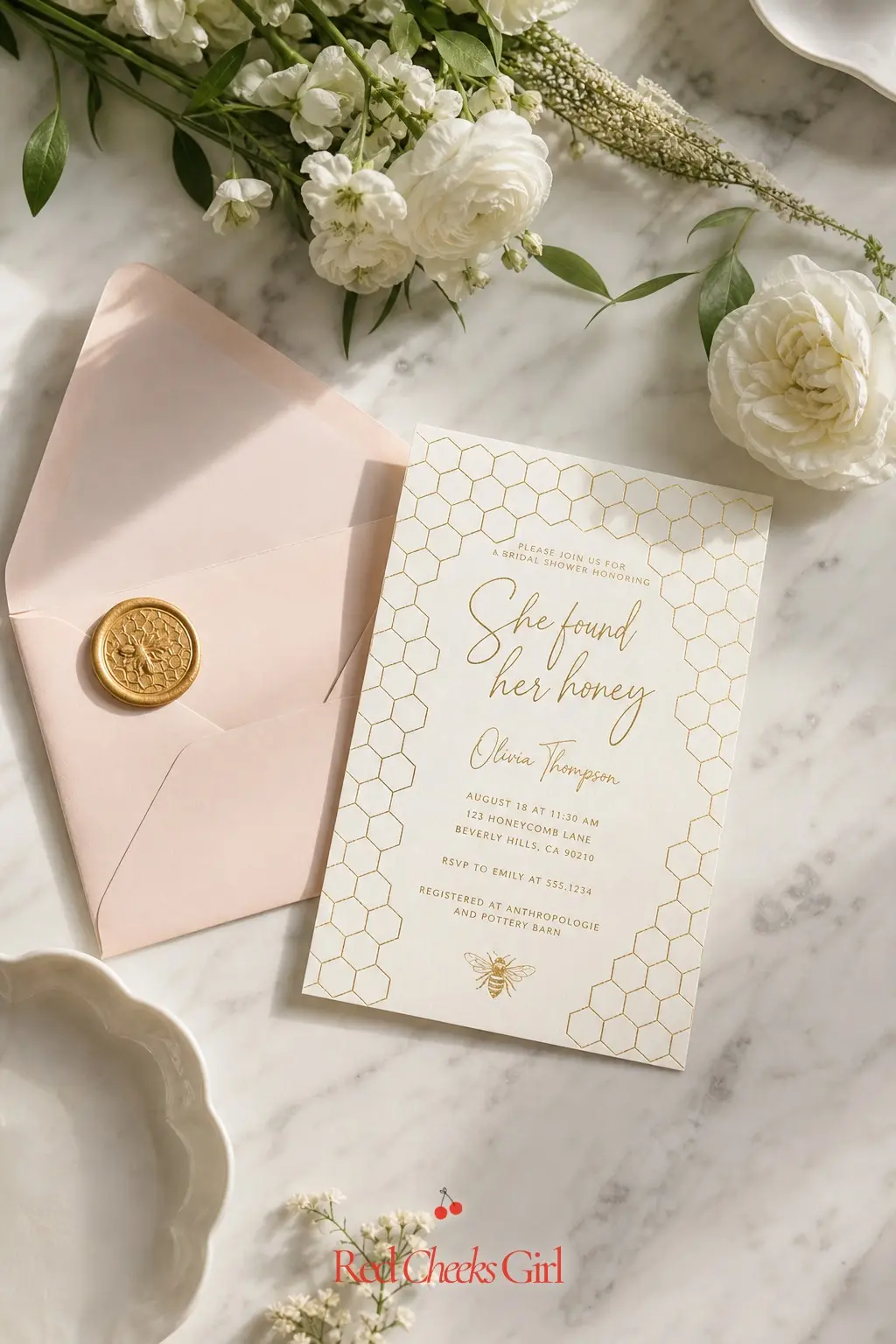 Honeycomb Invitation Flat Lay — The invitation sets expectations before anyone arrives, and this theme gives it an easy visual shorthand. She found her honey