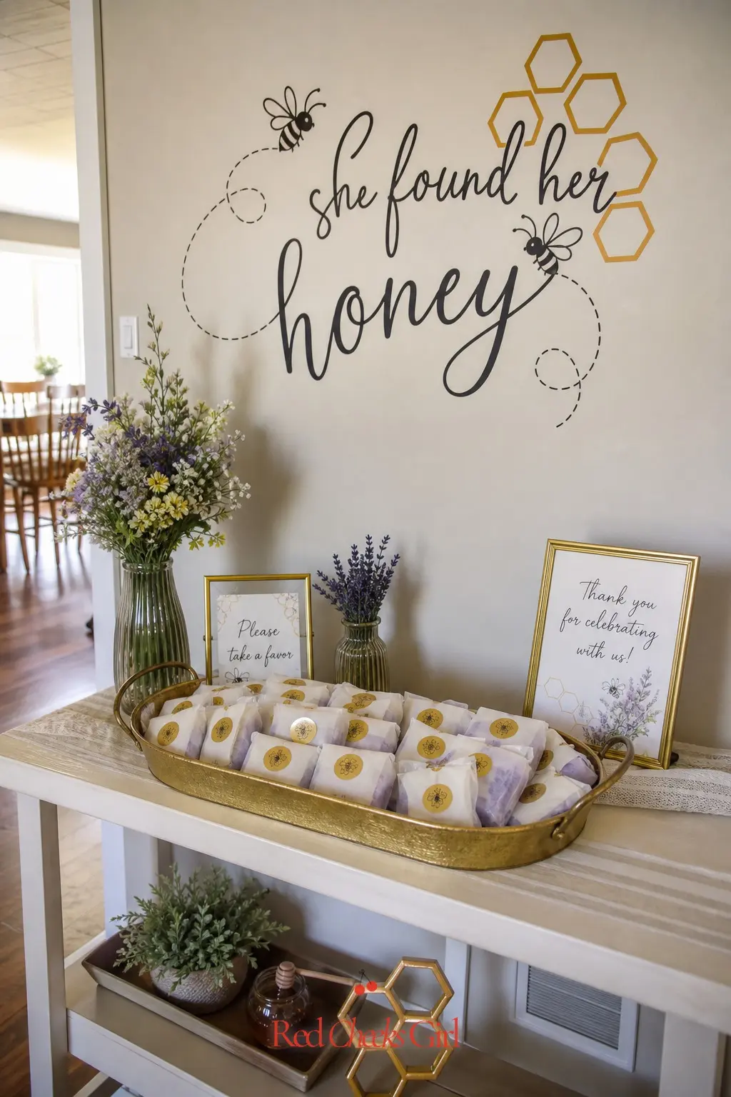 Lavender Soap Favor Table — Not every guest wants to eat their way home, and a soap favor gives the theme a second texture beyond honey and sugar. She found