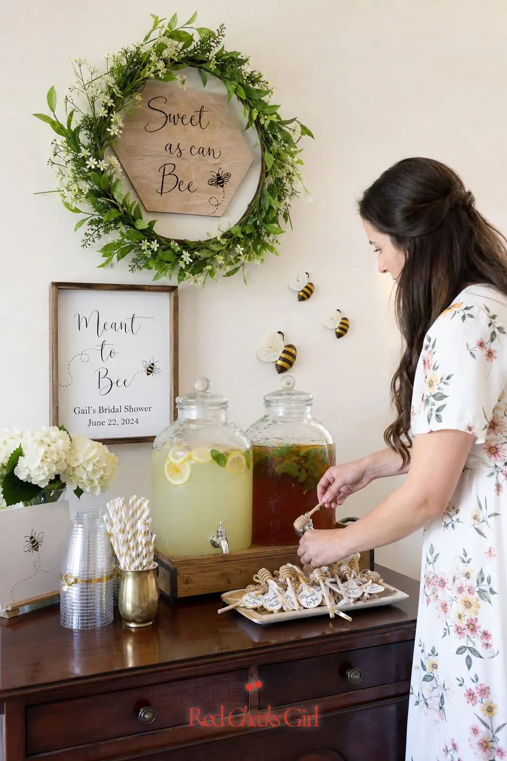 Lemonade and Iced Tea Station With Honey Dippers — A self serve drink station keeps guests moving and takes pressure off the host during the busiest part of