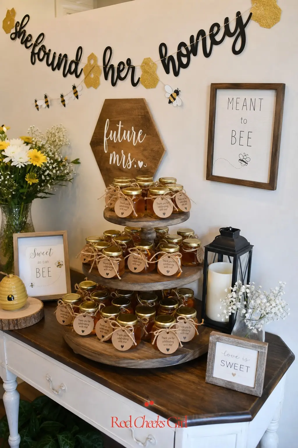 Mini Honey Jar Favor Display — A favor display works best when it looks like a small store shelf rather than a pile of boxes. She found her honey bridal shower