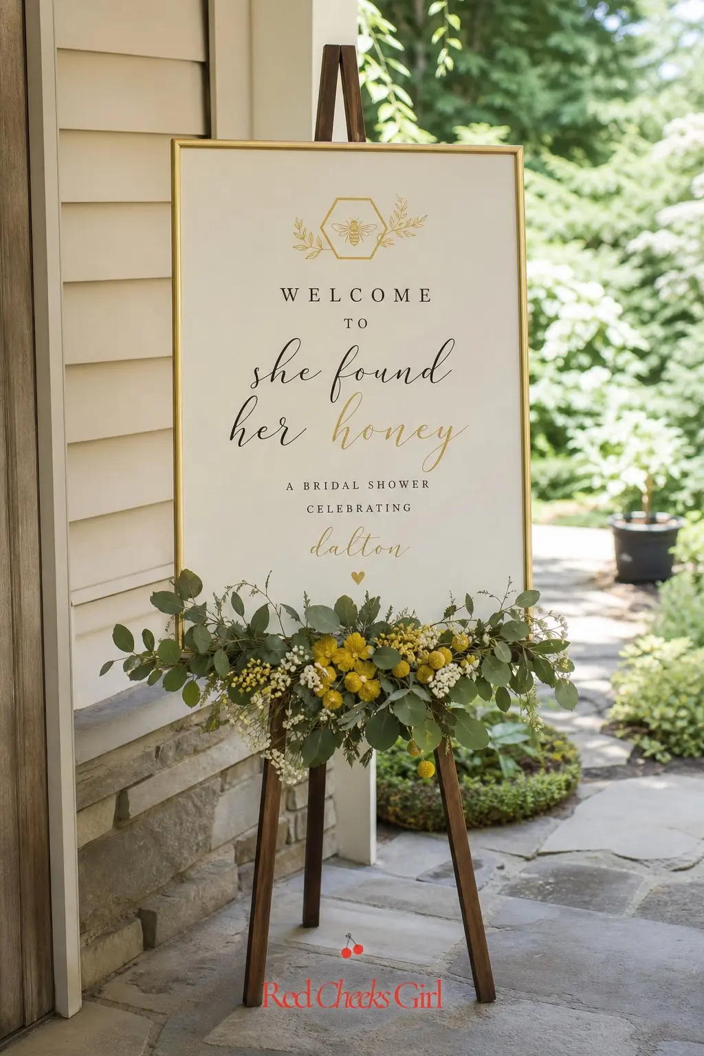 Welcome Sign Easel — A welcome sign at the entrance tells guests they are in the right place and gives them a photo moment before they even sit down. She found